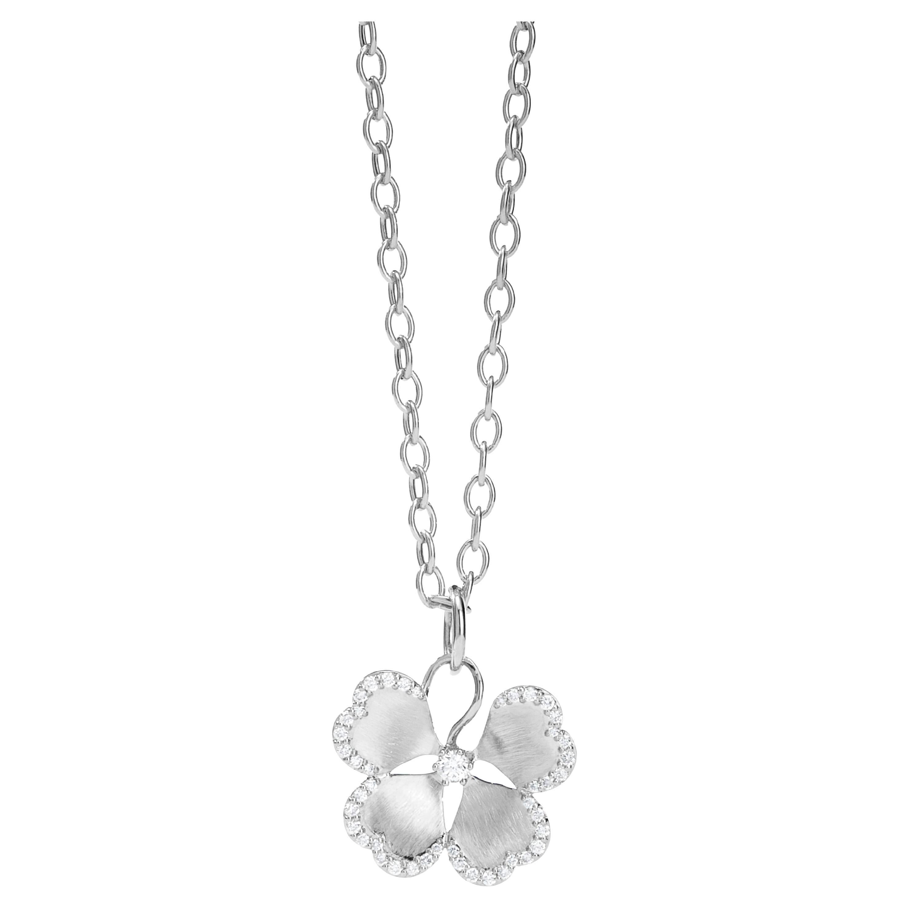 Syna Sterling Silver Flower Pendant with Diamonds For Sale