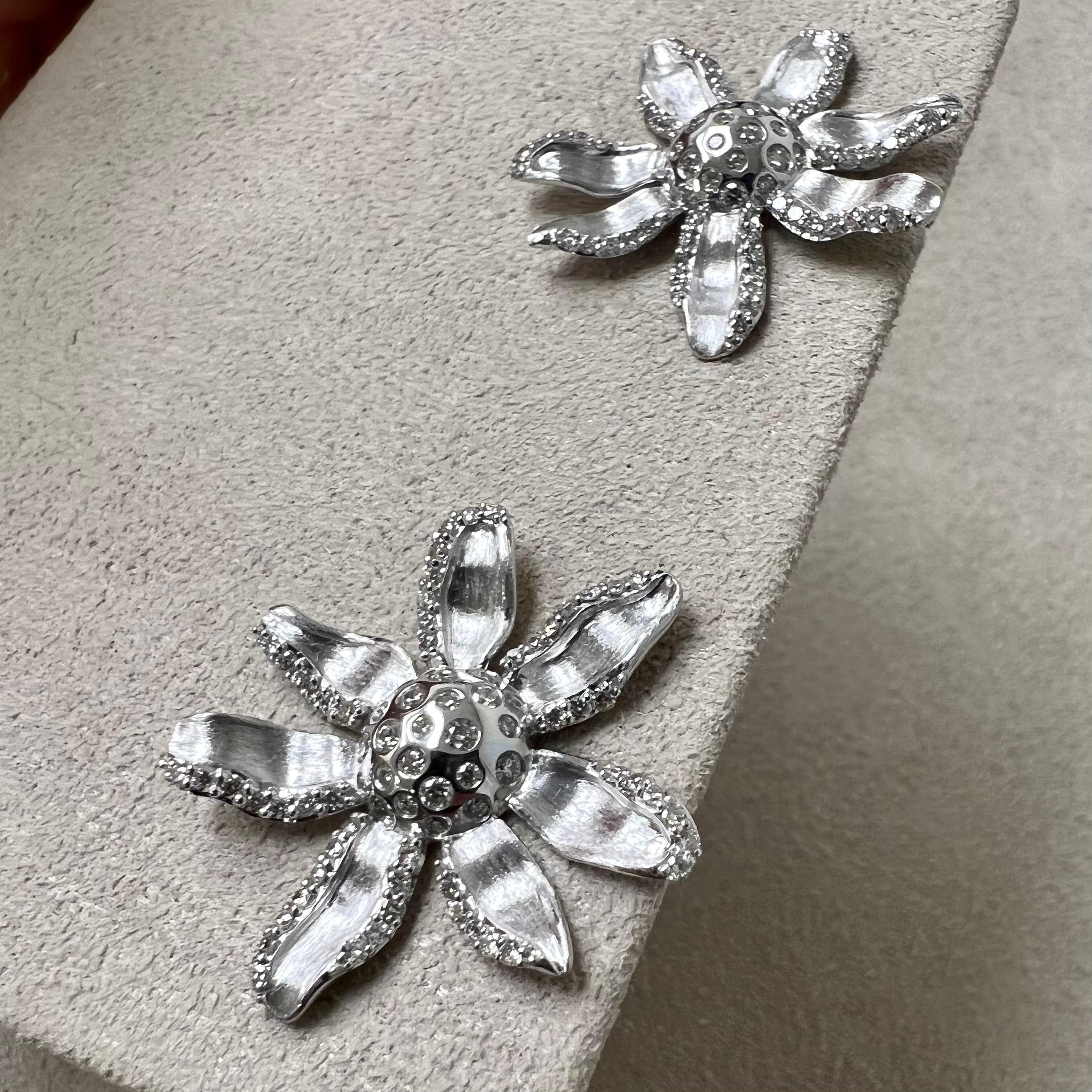 Round Cut Syna Sterling Silver Jardin Flower Earrings with Diamonds For Sale