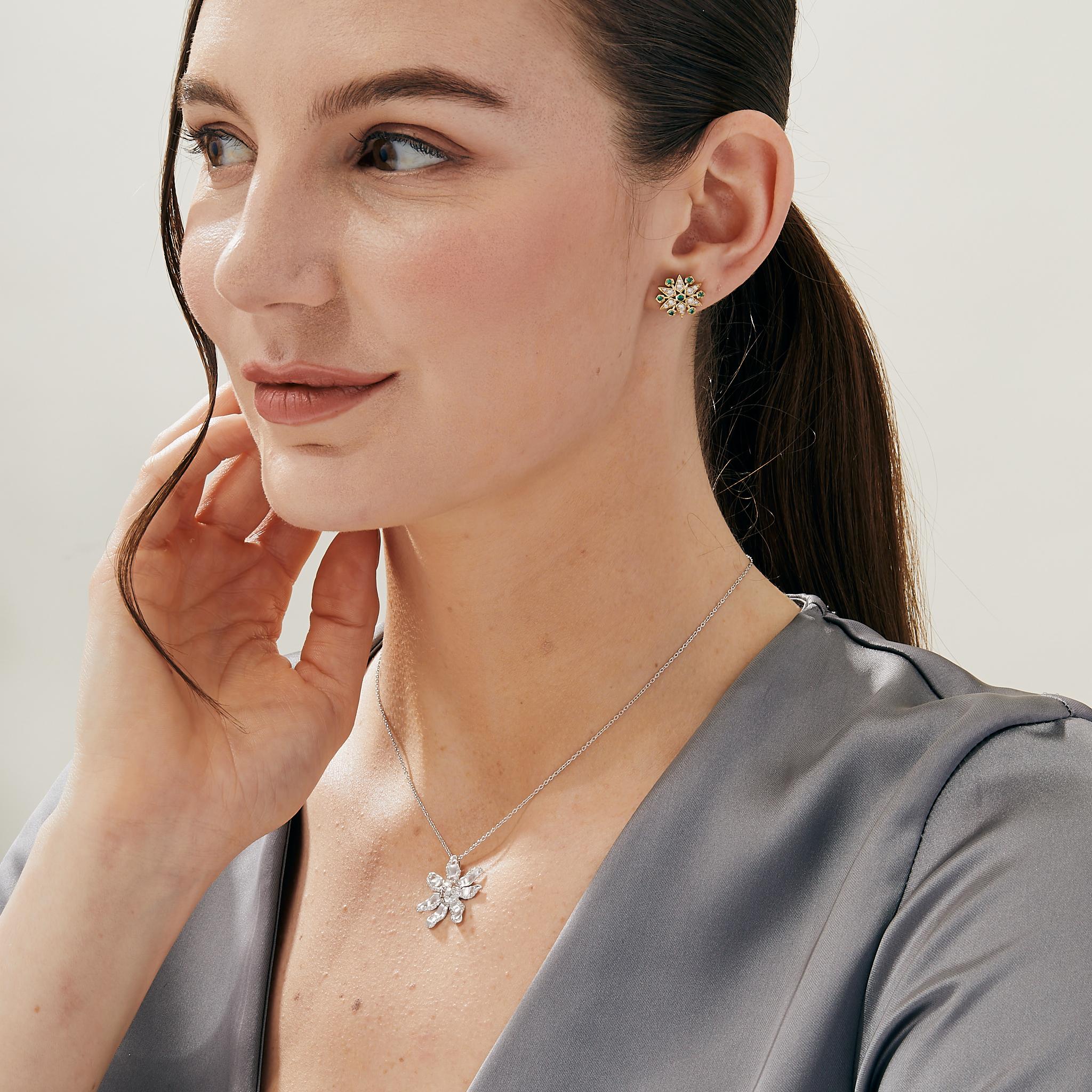 Created in 925 sterling silver
Satin finish Jardin flower pendant
Diamonds 0.40 carats approx.
18 inch necklace, can be worn at 16th and 17th inch

Crafted from 925 sterling silver with a satin-finish Jardin flower pendant, this exquisite necklace