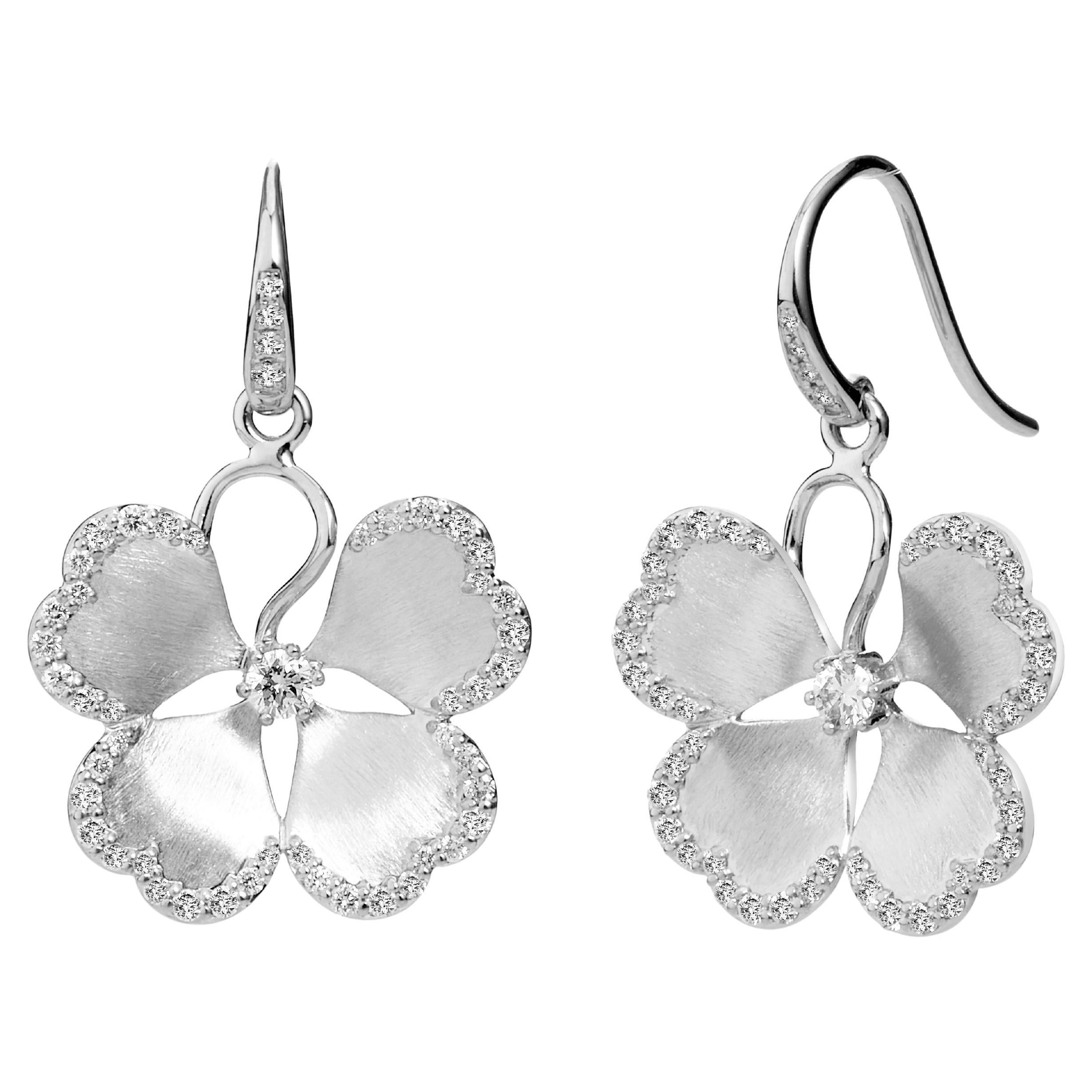 Syna Sterling Silver Satin Flower Earrings with Diamonds For Sale