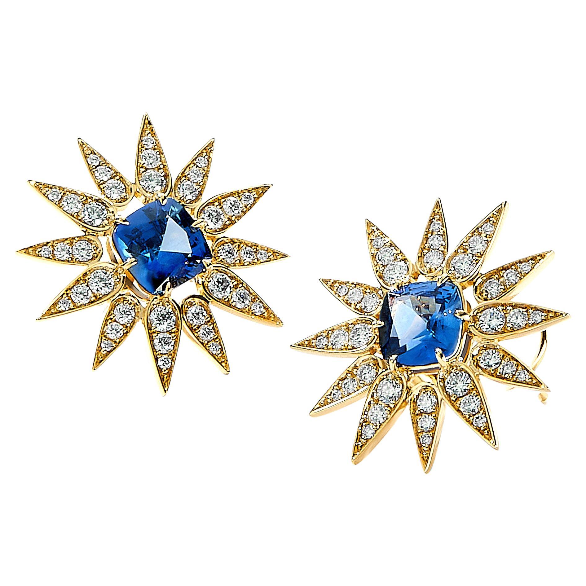 Syna Sunburst Earrings with Blue Sapphire and Diamonds For Sale
