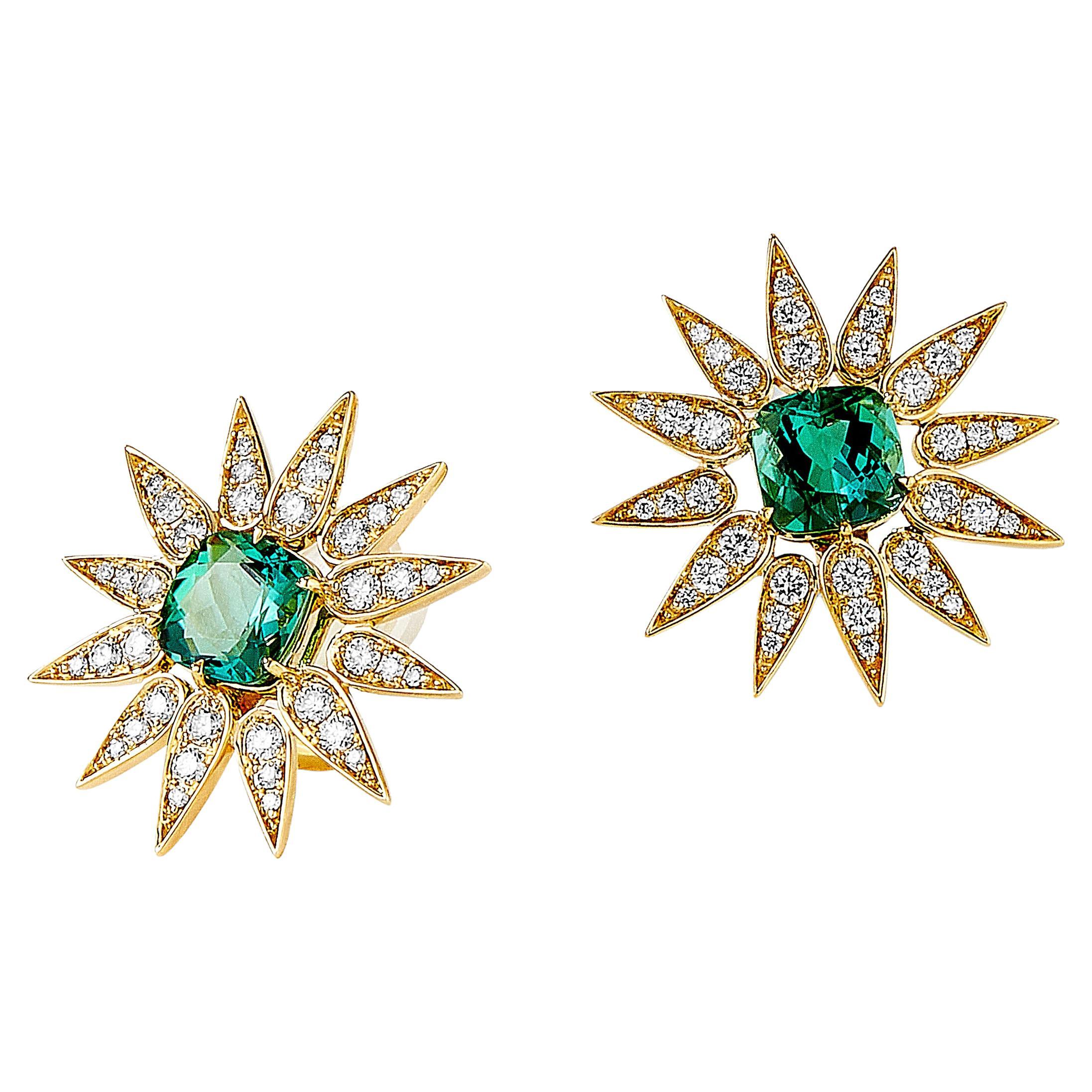 Syna Sunburst Earrings with Green Tourmaline and Champagne Diamonds For Sale