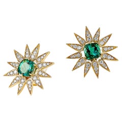 Syna Sunburst Earrings with Green Tourmaline and Champagne Diamonds