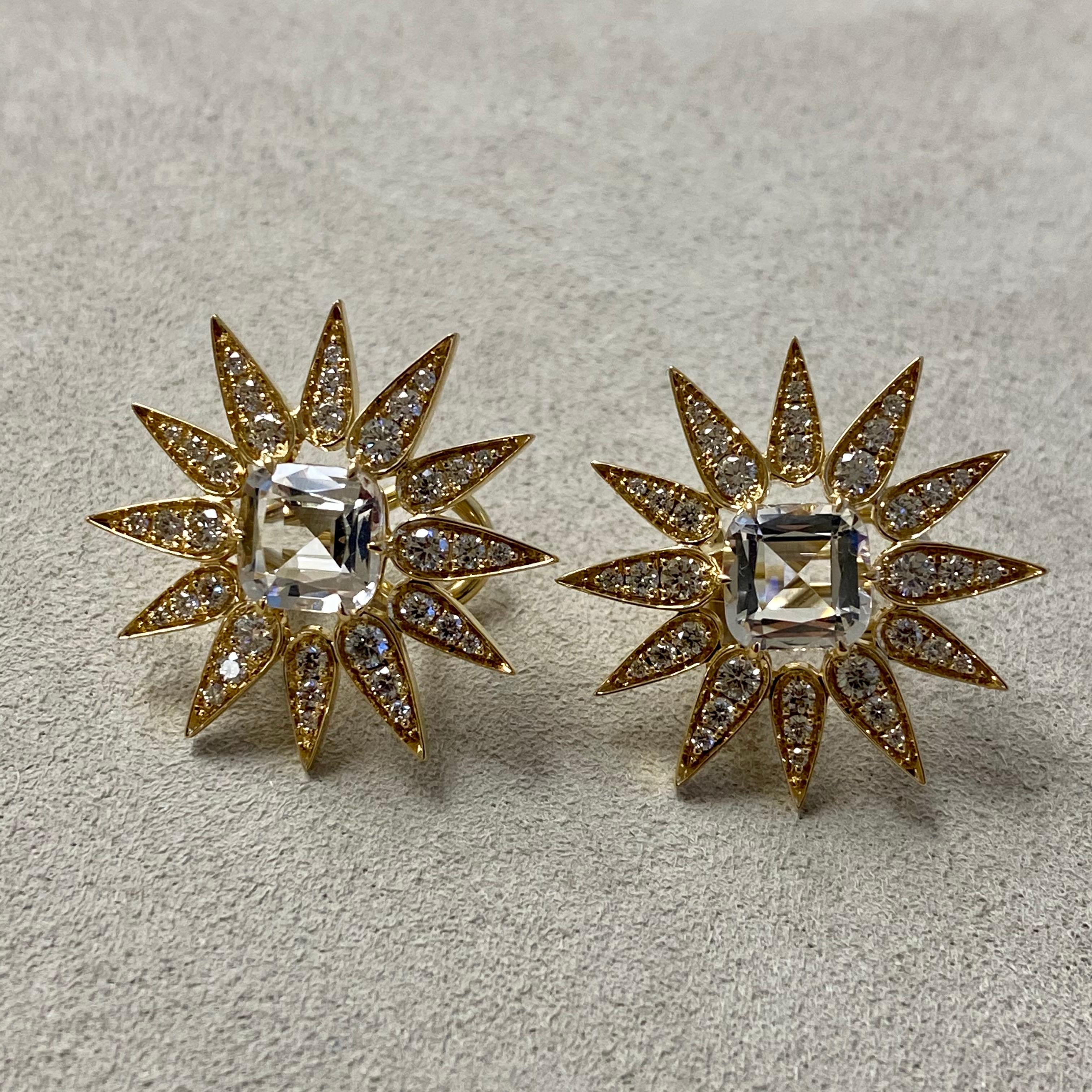 Created in 18 karat yellow gold
Rock Crystal 2.5 carats approx.
Diamonds 1.0 carat approx.
Omega clip-backs & posts
Limited Edition

Forged from 18 karat yellow gold, these limited edition earrings feature an approximate 2.5 carat Rock Crystal and