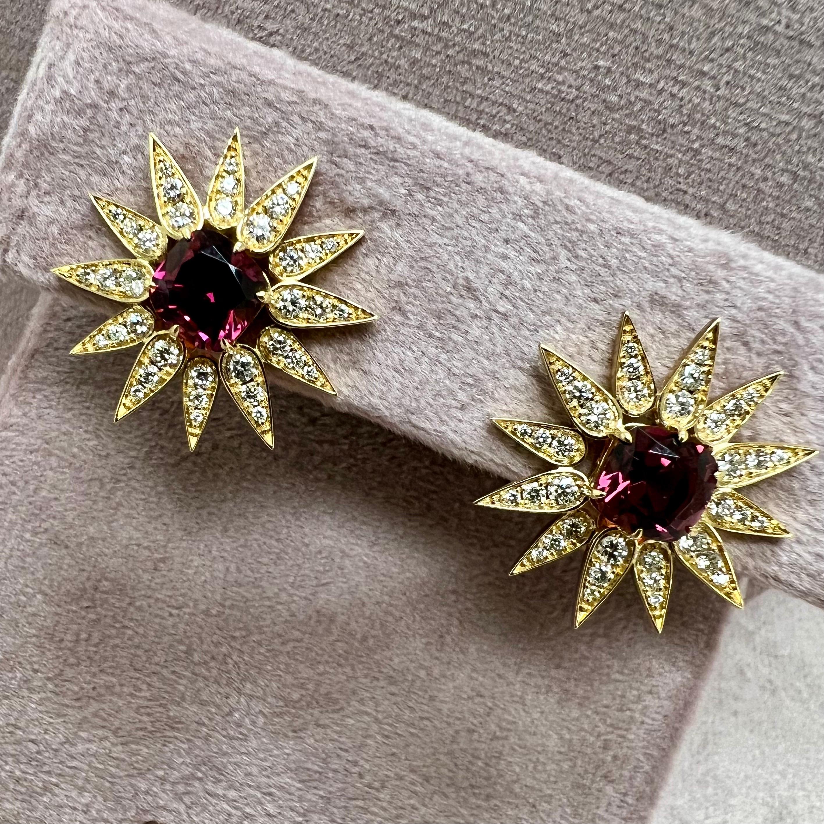 Contemporary Syna Sunburst Earrings with Rubellite and Diamonds For Sale