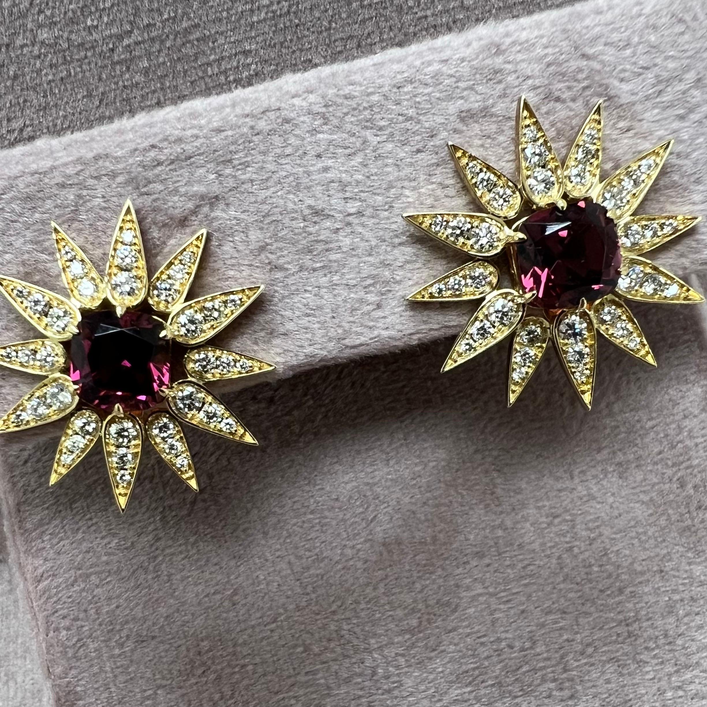Mixed Cut Syna Sunburst Earrings with Rubellite and Diamonds For Sale