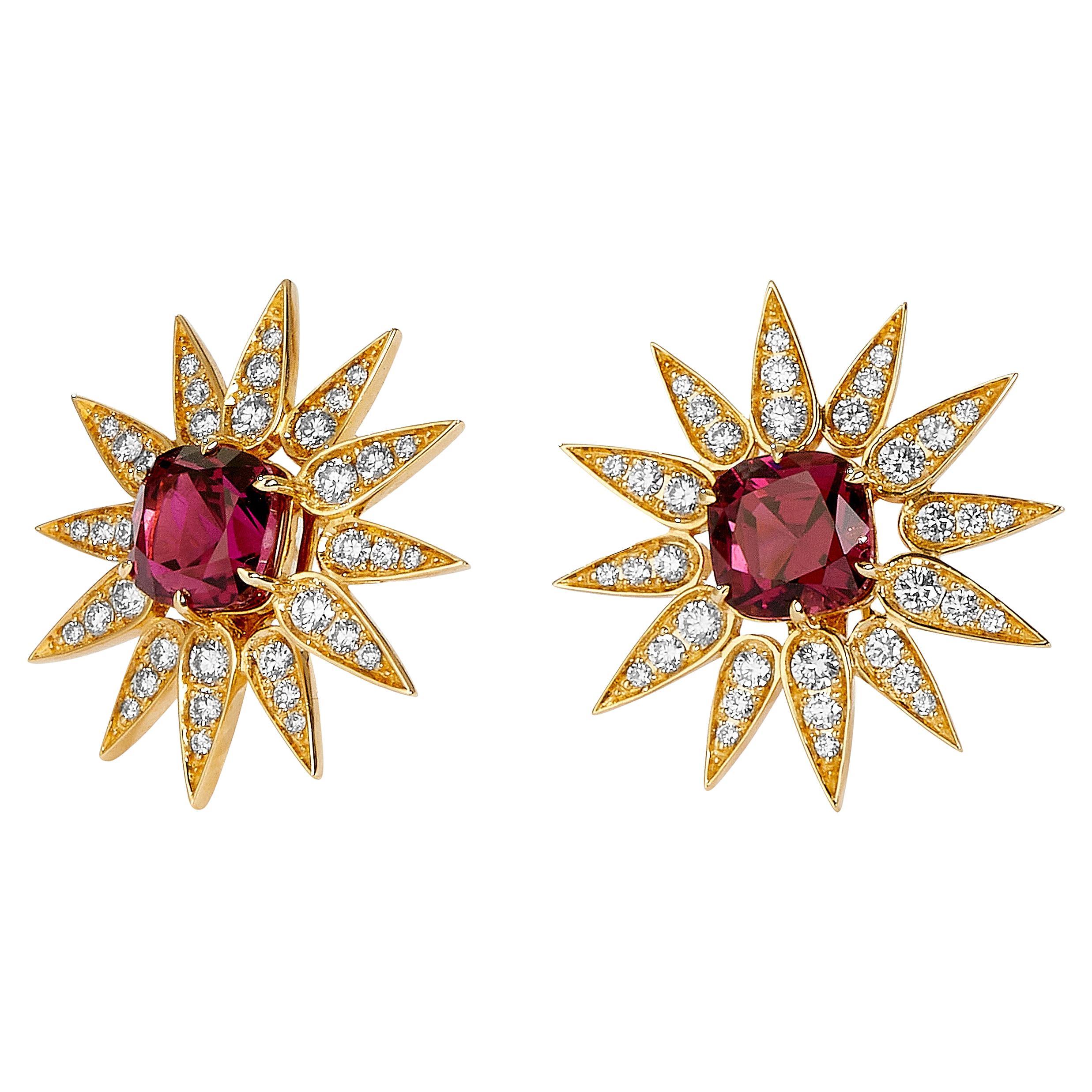 Syna Sunburst Earrings with Rubellite and Diamonds For Sale