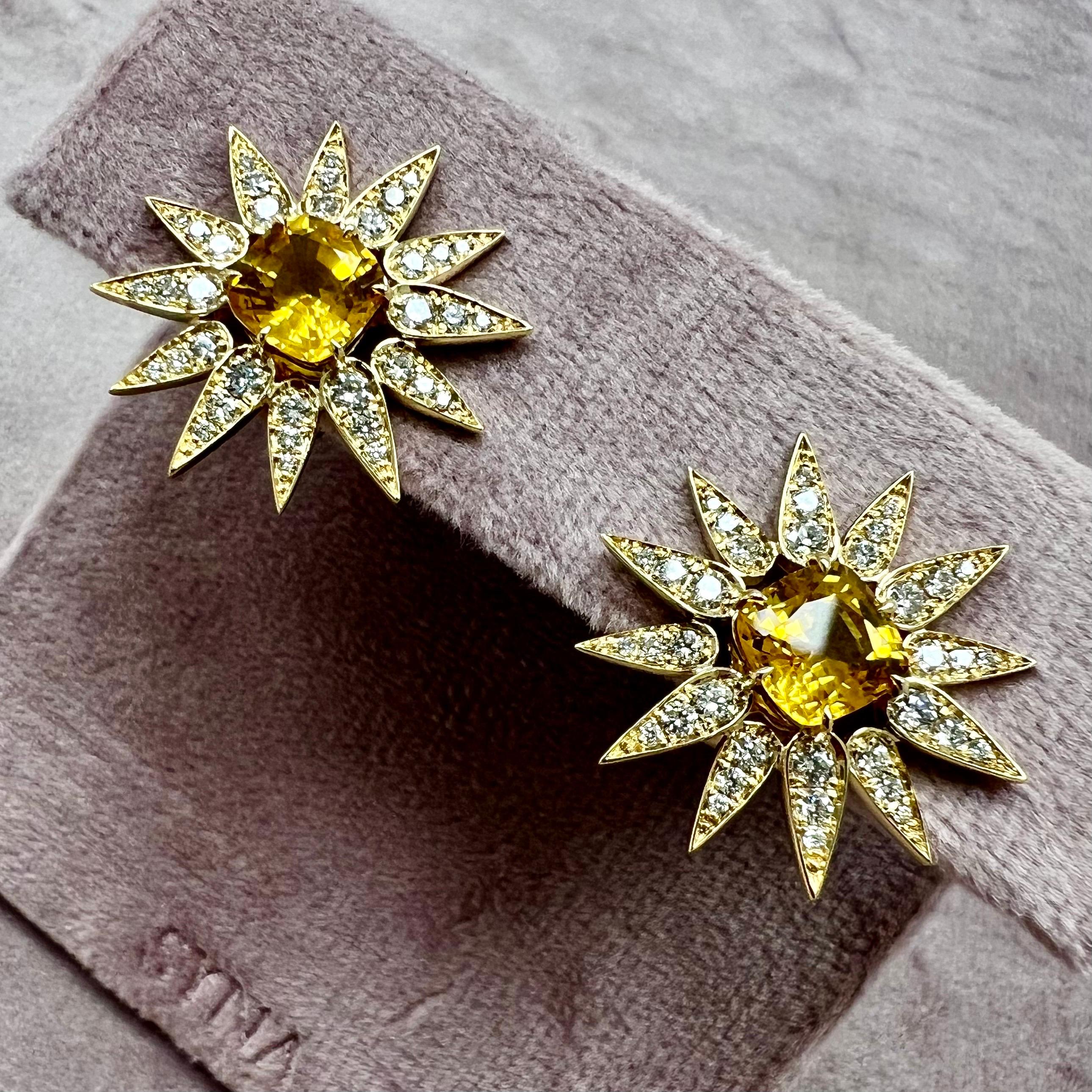 Created in 18 karat yellow gold
Yellow Sapphire 4 carats approx.
Diamonds 1.0 carat approx.
Omega clip-backs & posts
Limited Edition

Forged from 18 karat yellow gold, these limited edition earrings feature an approximate 4 carat Yellow Sapphire and
