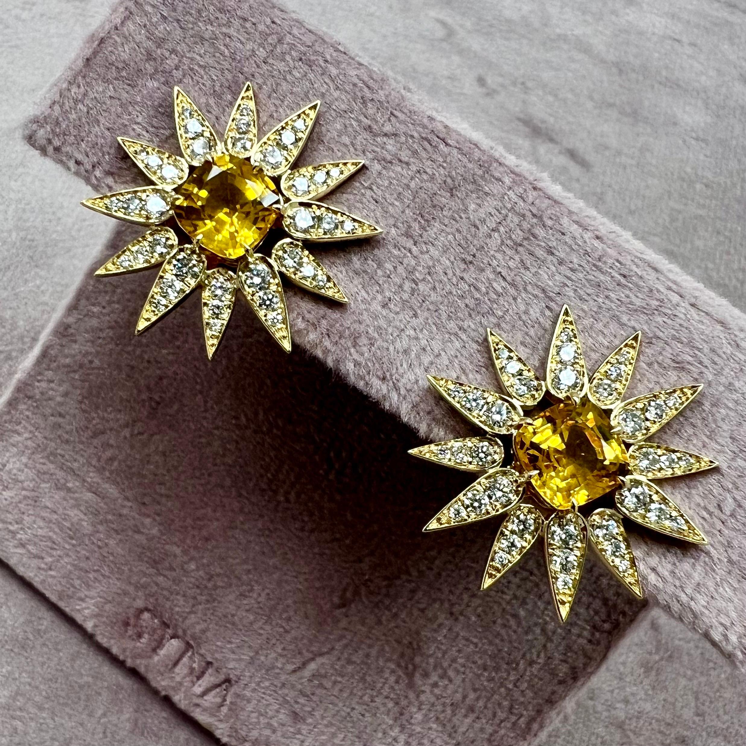 Contemporary Syna Sunburst Earrings with Yellow Sapphire and Diamonds