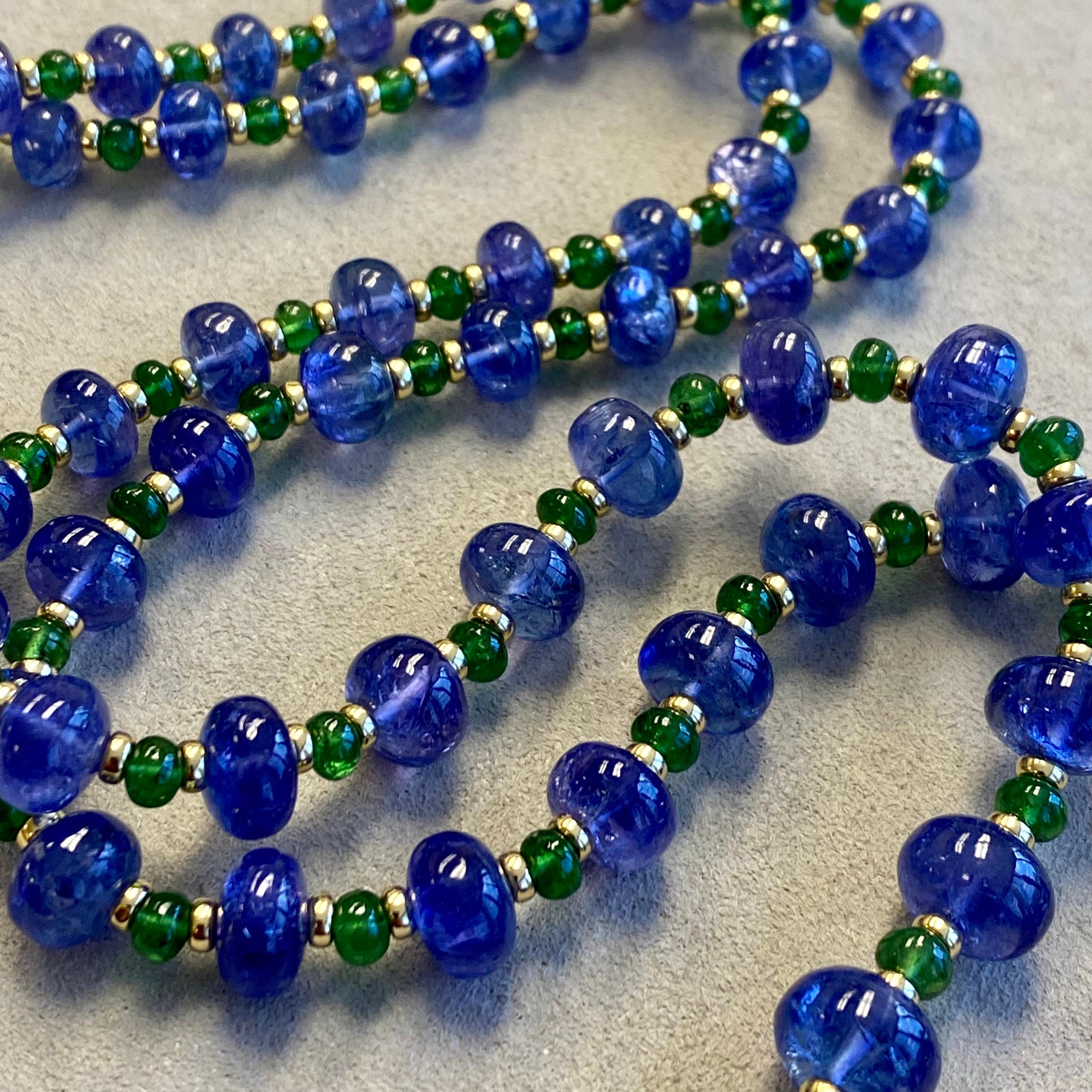 Contemporary Syna Tanzanite and Tsavorite Yellow Gold Bead Necklace For Sale