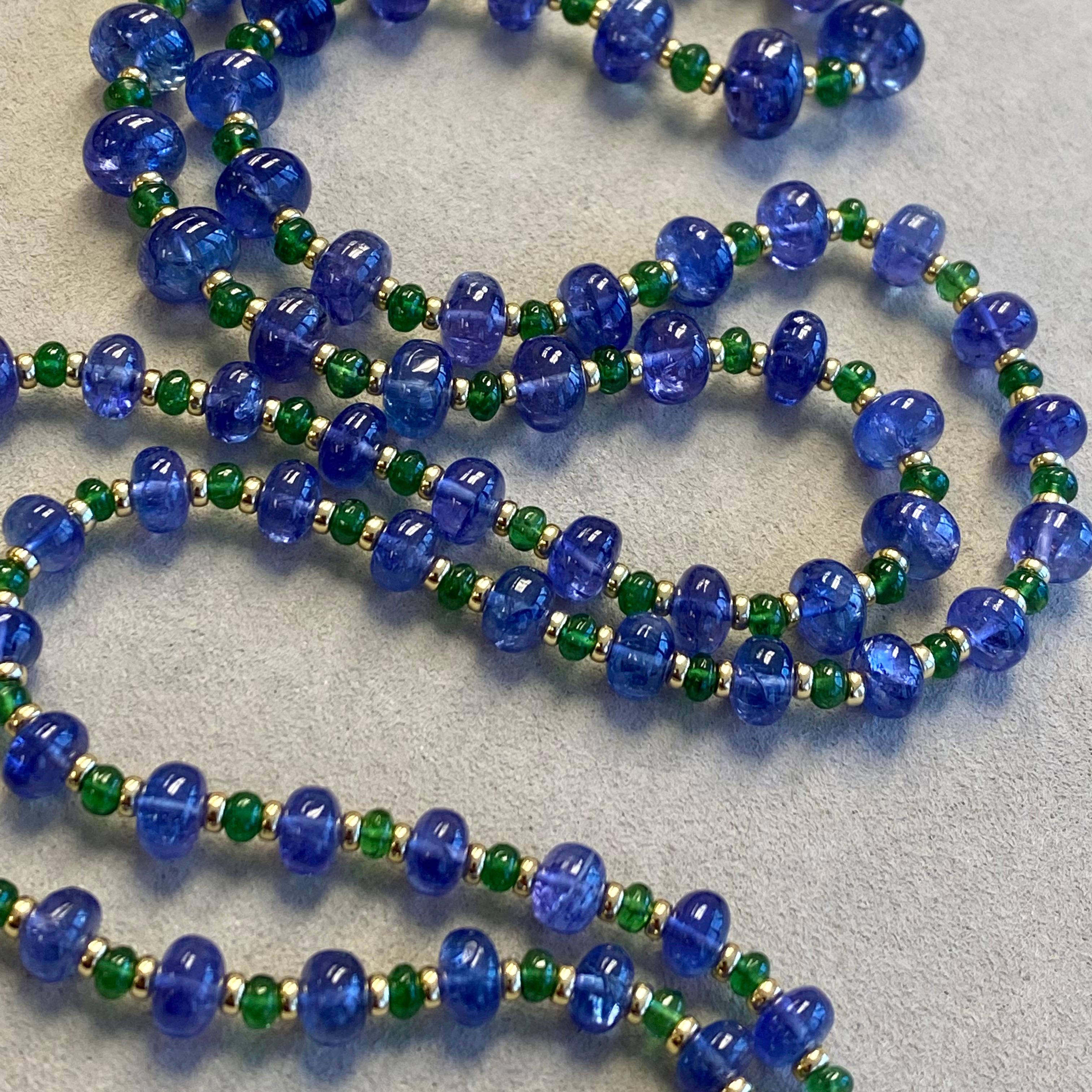 Syna Tanzanite and Tsavorite Yellow Gold Bead Necklace In New Condition For Sale In Fort Lee, NJ