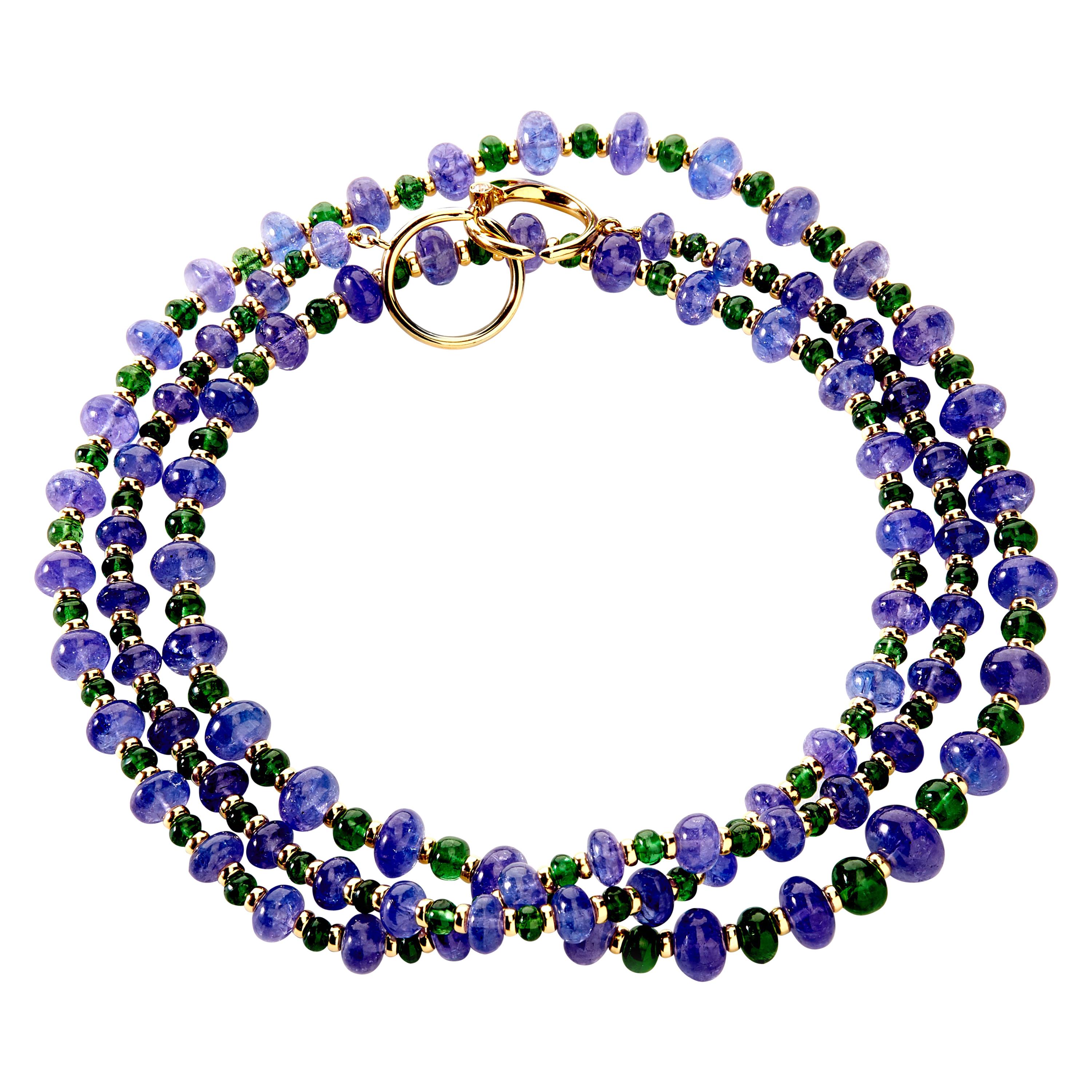 Syna Tanzanite and Tsavorite Yellow Gold Bead Necklace