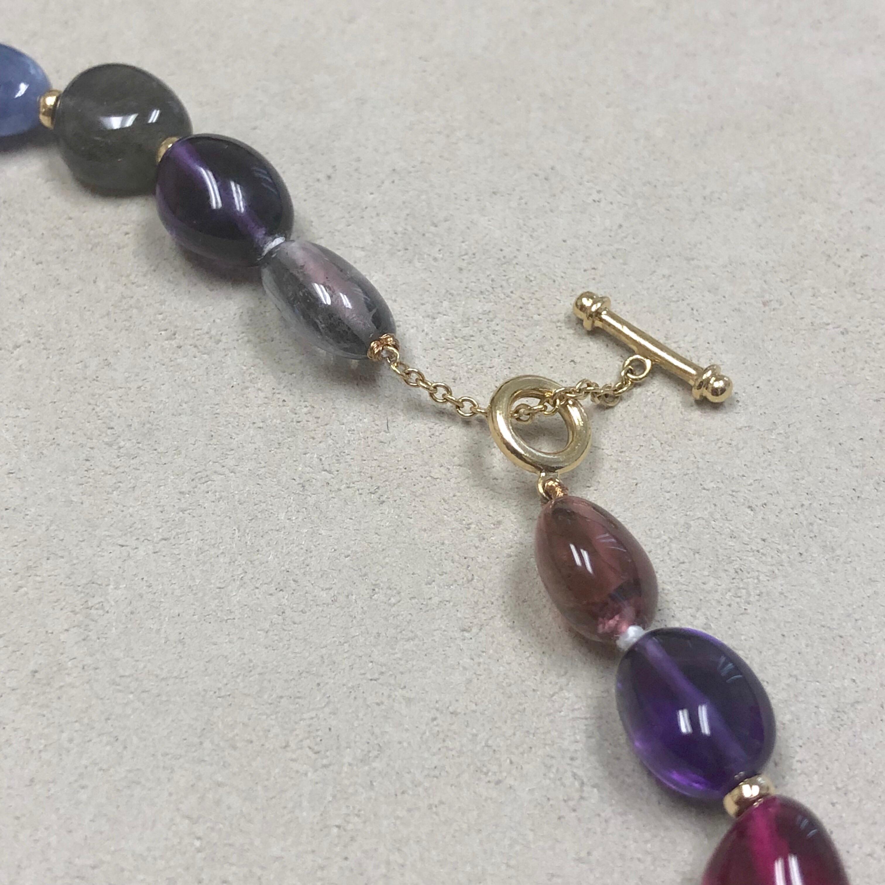 Syna Tourmaline Amethyst Labradorite Tanzanite Yellow Gold Bead Necklace In New Condition In Fort Lee, NJ