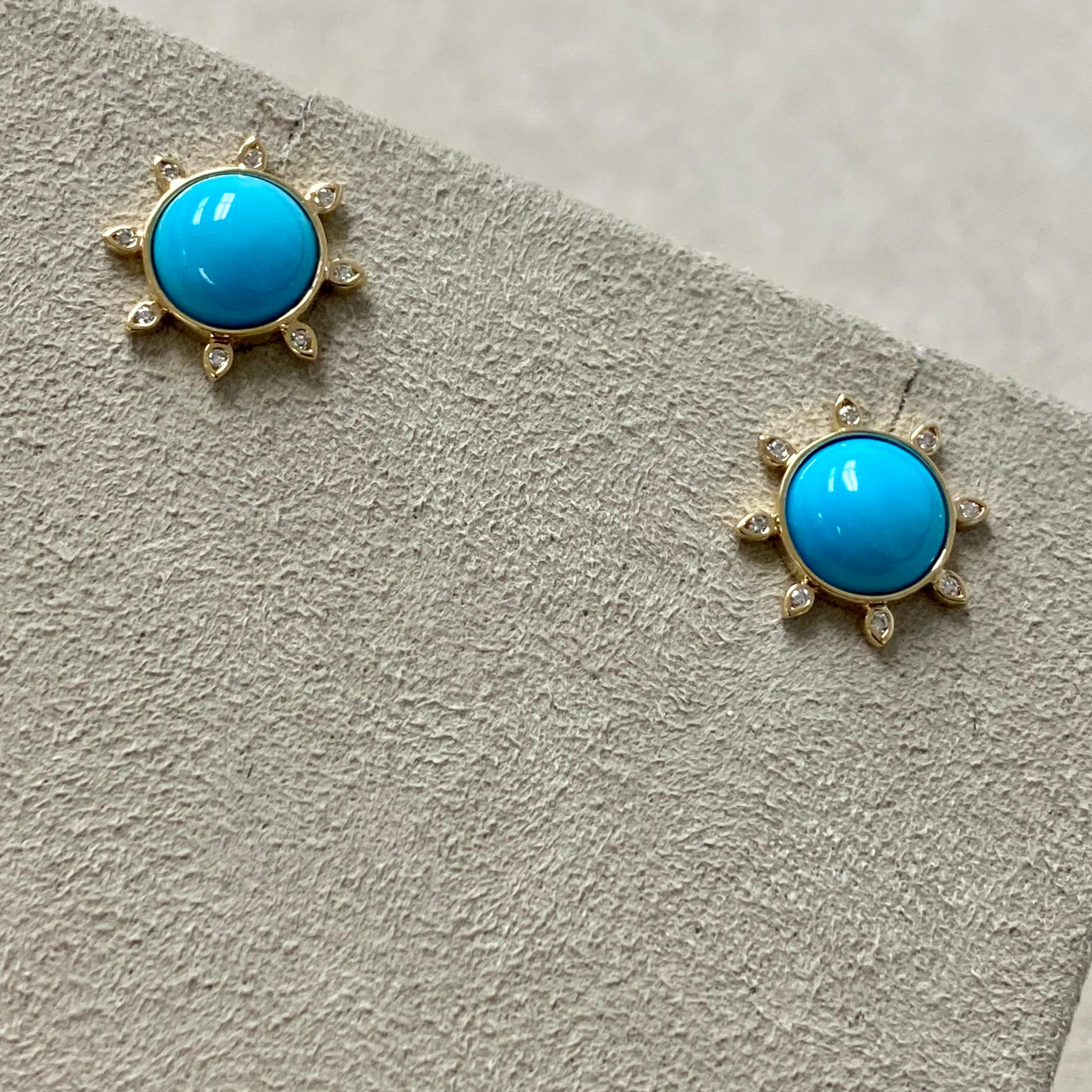 Created in 18 karat yellow gold
Sleeping Beauty Turquoise cabochons 4 cts approx
Diamonds 0.10 ct approx
Limited edition

These handcrafted, limited edition Candy Blue Topaz and Moon Quartz Earrings are the epitome of luxury. Crafted from the finest