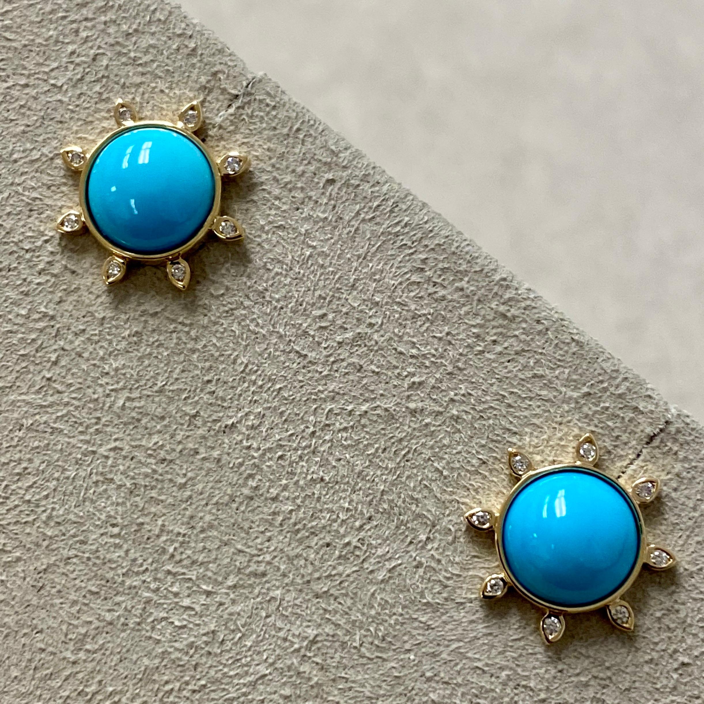 Cabochon Syna Turquoise Yellow Gold Earrings with Diamonds For Sale