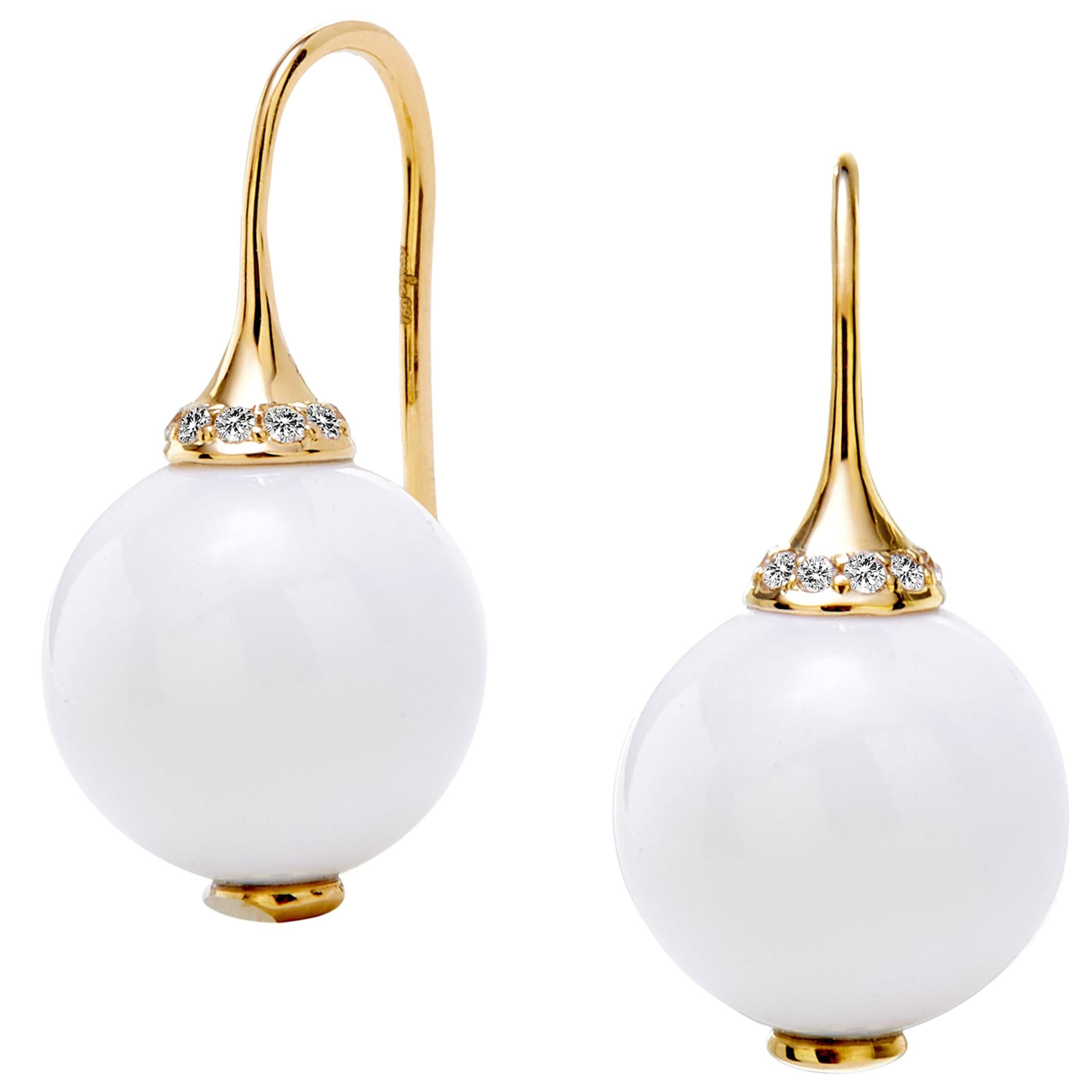 Syna White Agate Earrings with Diamonds For Sale