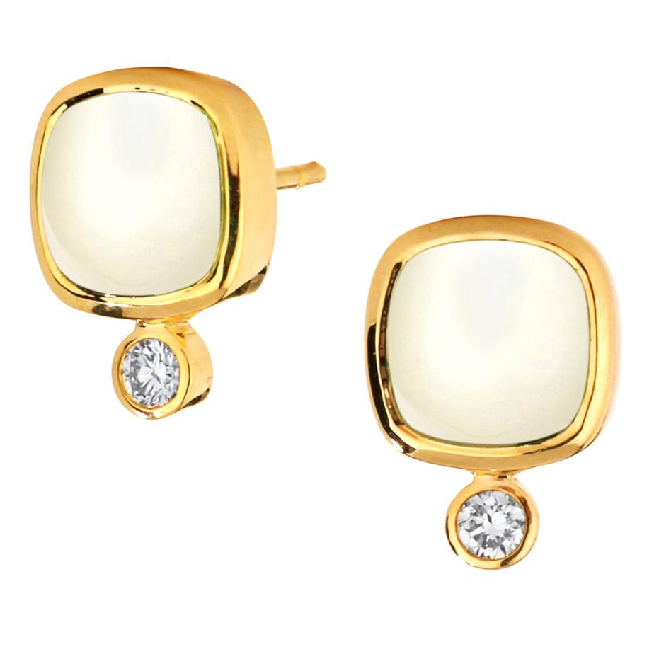 Syna White Agate Yellow Gold Sugarloaf Earrings with Diamonds For Sale
