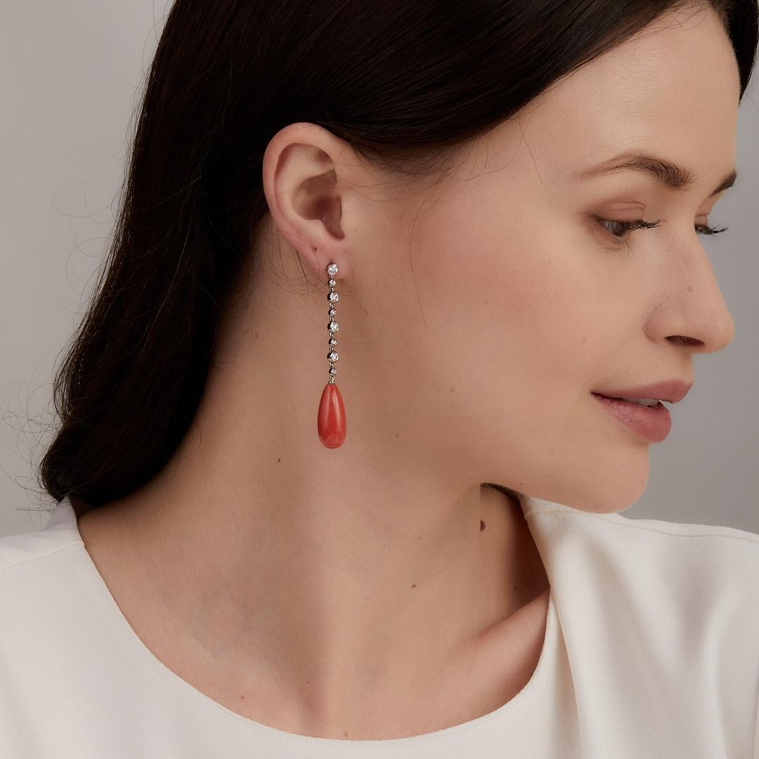 Round Cut Syna White Gold Limited Edition Coral Drop Earrings with Diamonds For Sale