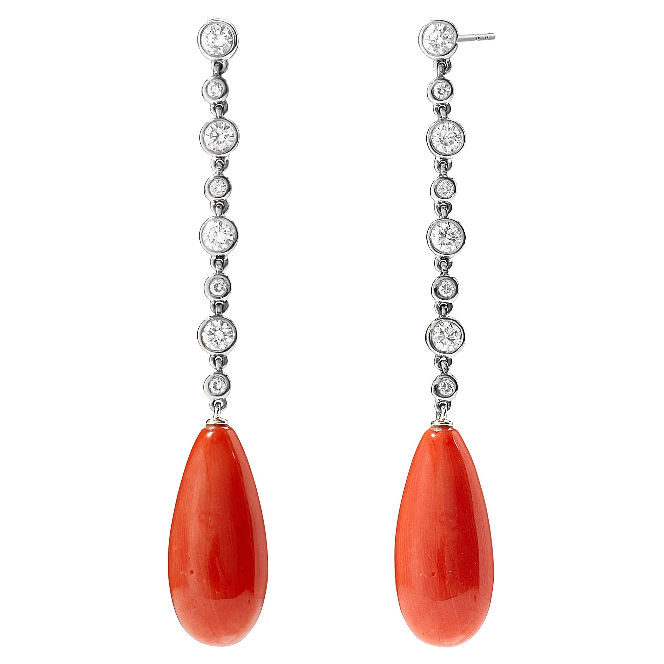 Syna White Gold Limited Edition Coral Drop Earrings with Diamonds For Sale