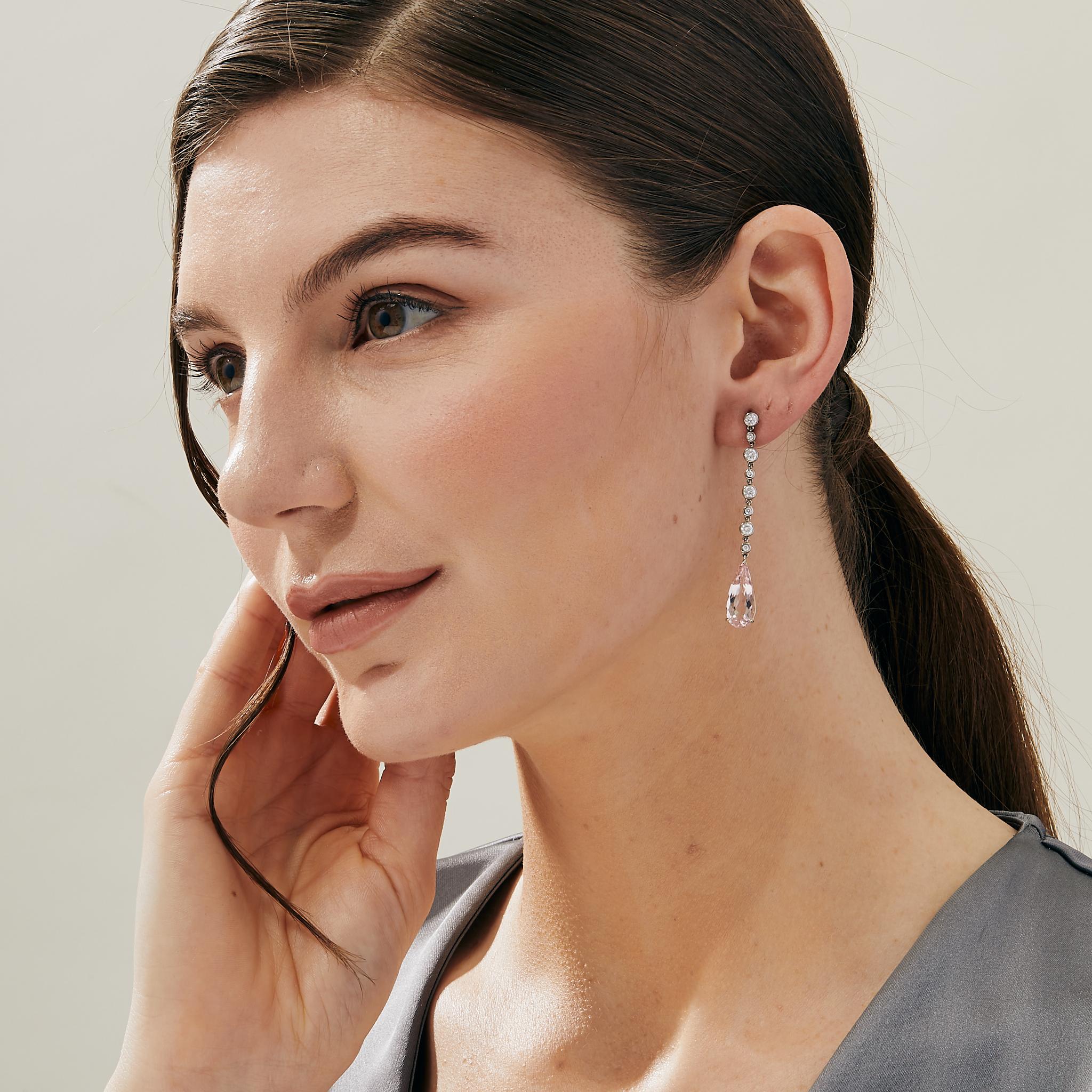 Contemporary Syna White Gold Limited Edition Morganite Pear Earrings with Diamonds For Sale