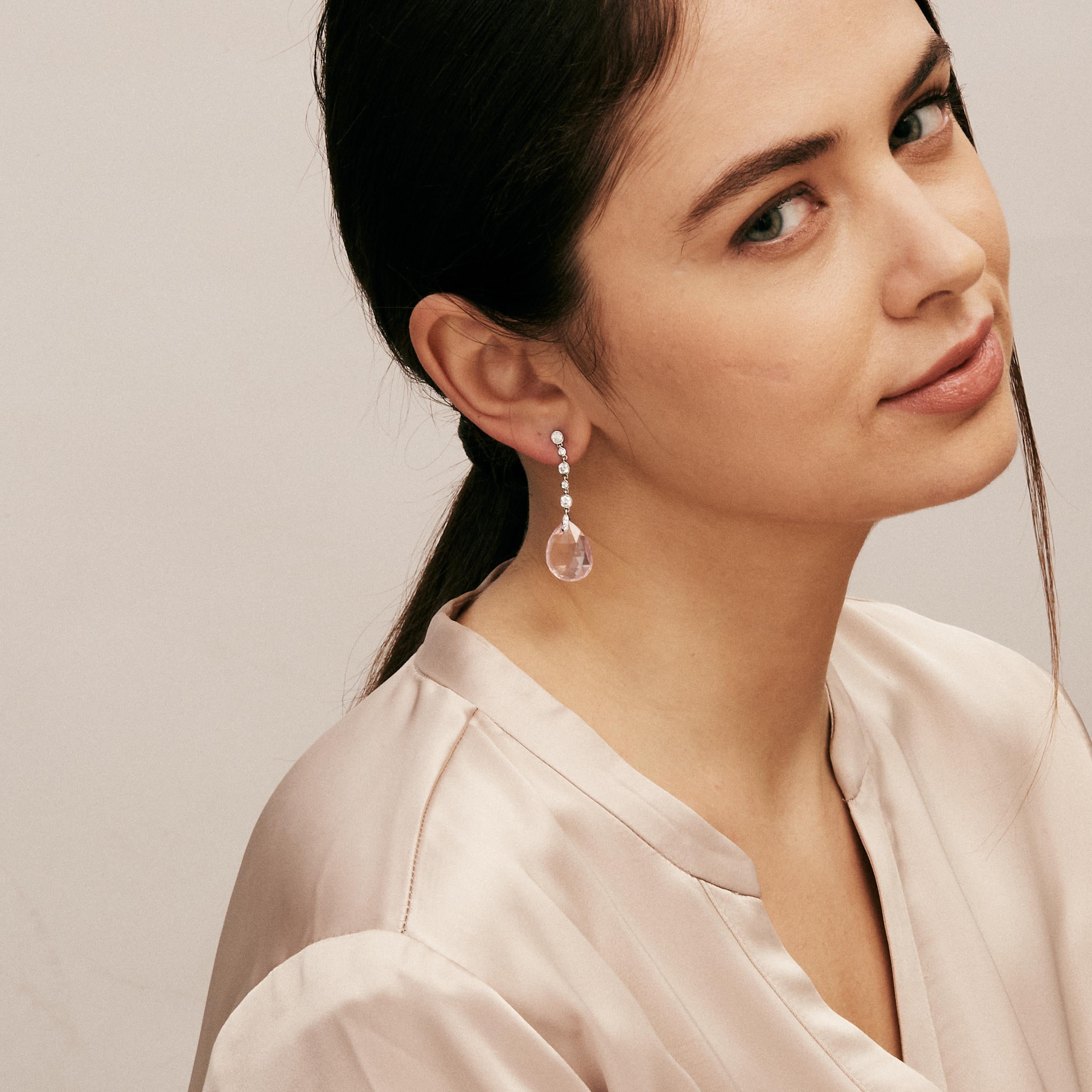 Contemporary Syna White Gold Limited Edition Rose Quartz Briolette Earrings with Diamonds For Sale