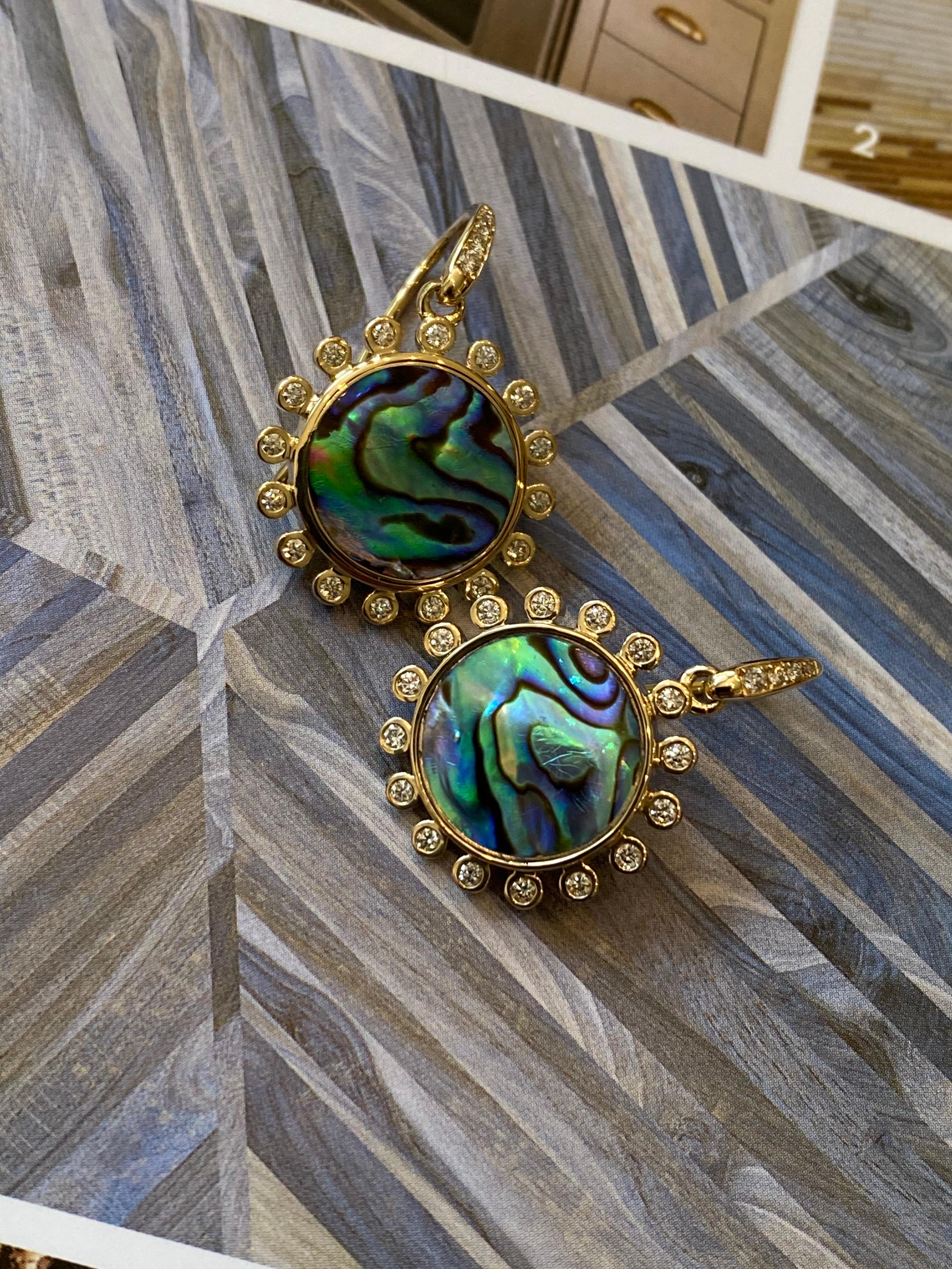 Contemporary Syna Yellow Gold Abalone Earrings with Diamonds For Sale