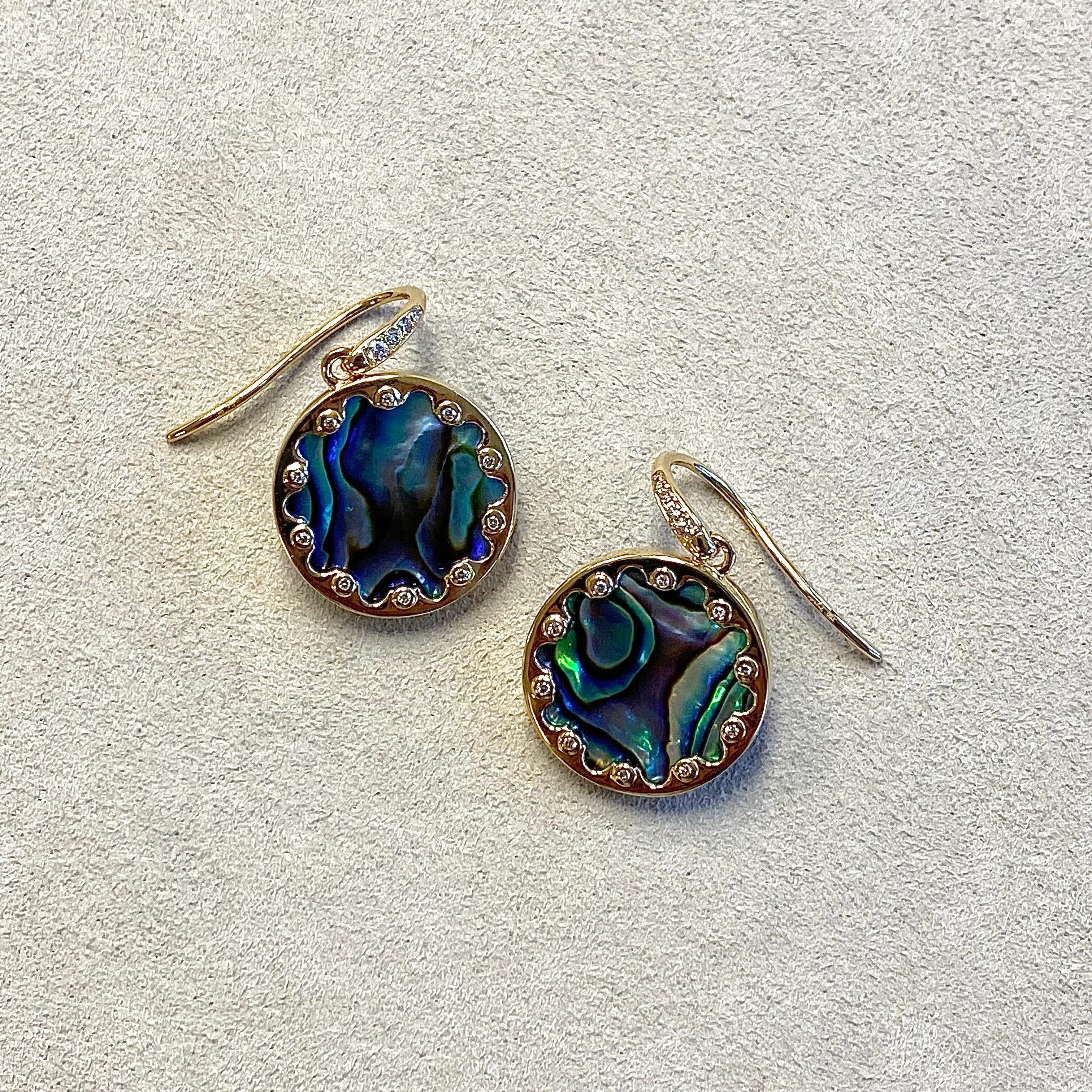 Round Cut Syna Yellow Gold Abalone Earrings with Diamonds For Sale