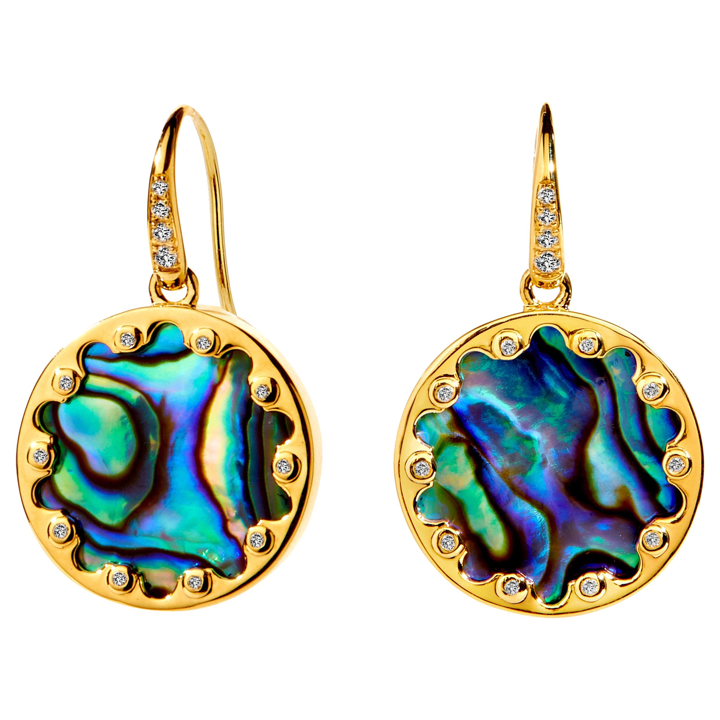 Syna Yellow Gold Abalone Earrings with Diamonds For Sale