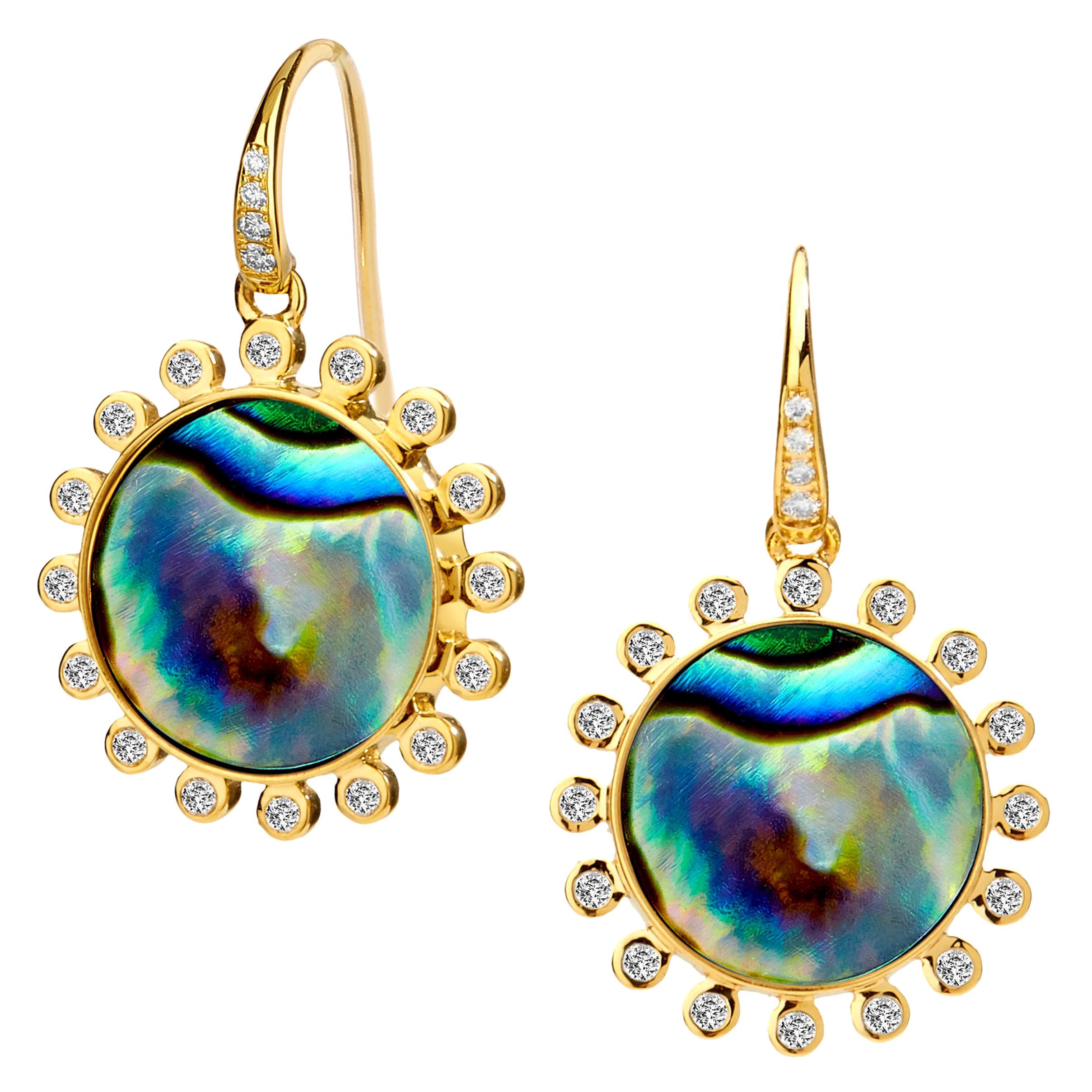Syna Yellow Gold Abalone Earrings with Diamonds For Sale