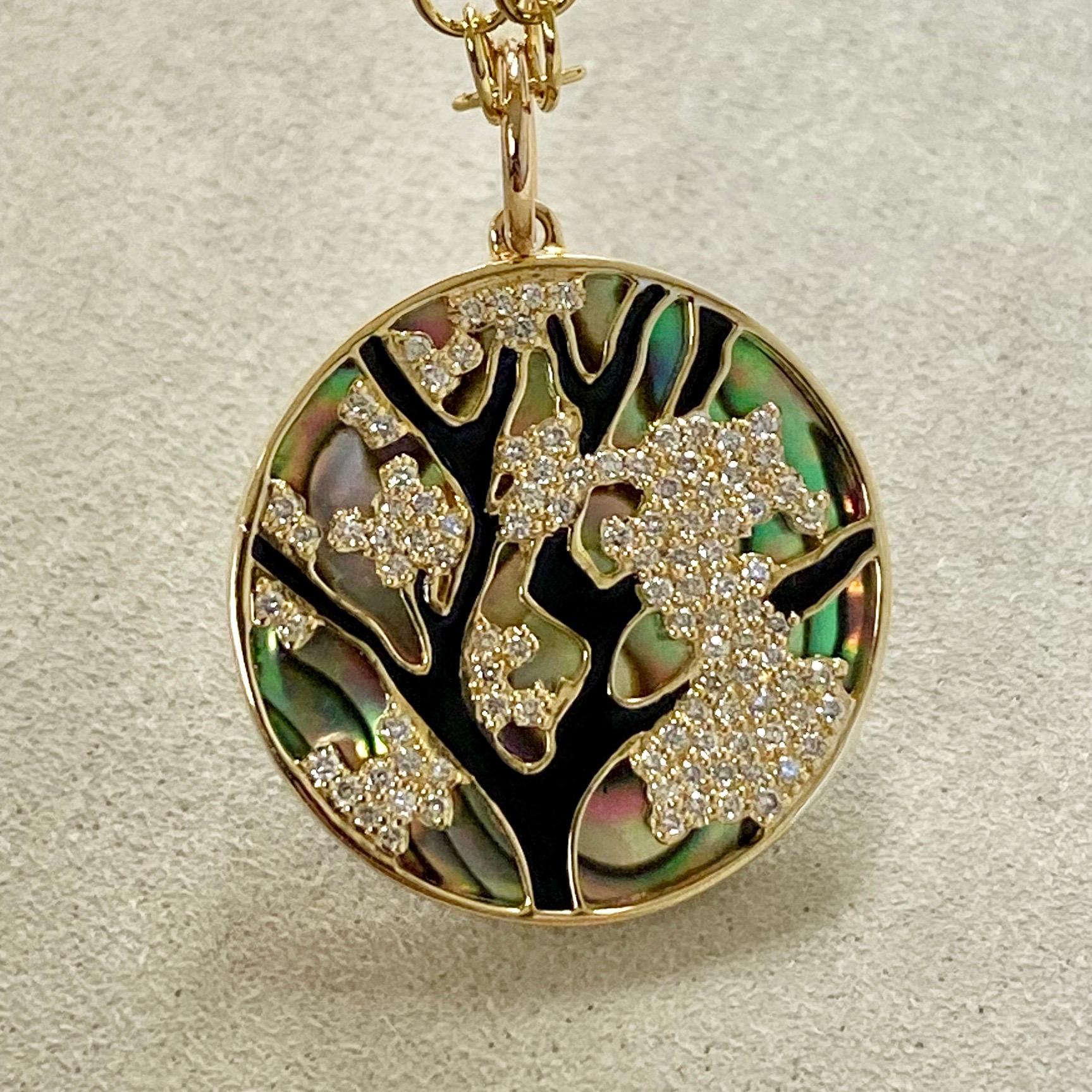 Contemporary Syna Yellow Gold Abalone Pendant with Black Enamel and Champagne Diamonds