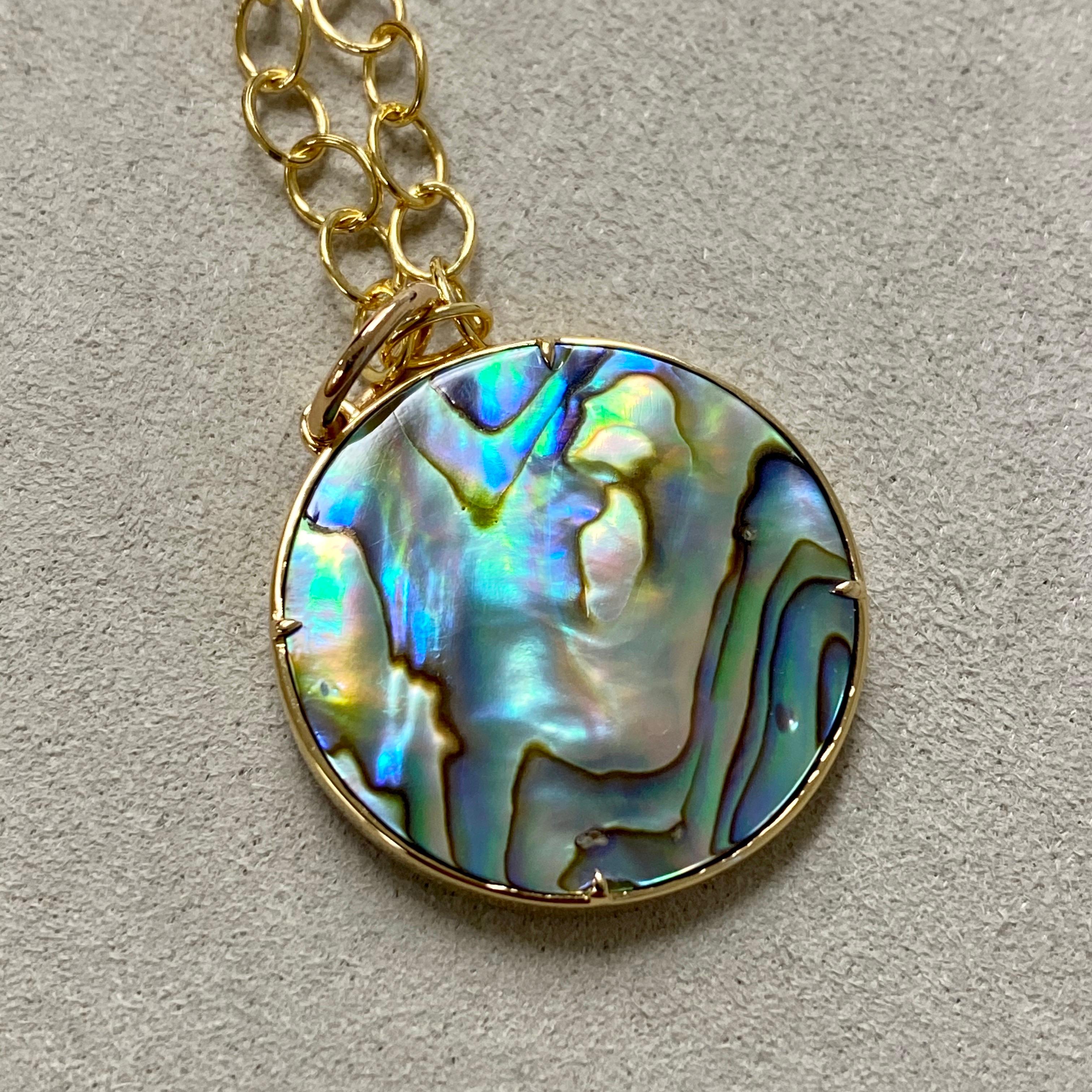 Round Cut Syna Yellow Gold Abalone Pendant with Black Enamel and Champagne Diamonds
