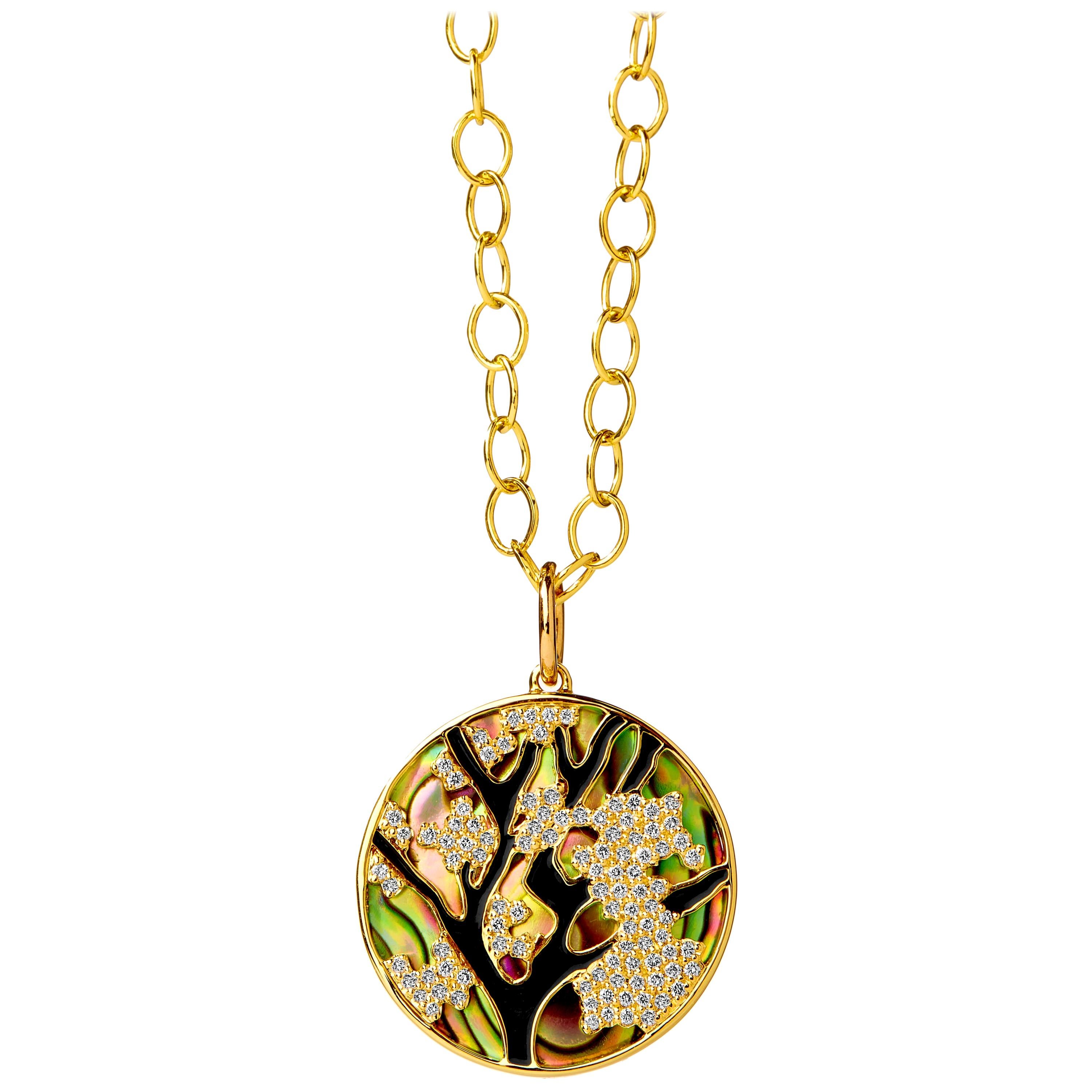 Syna Yellow Gold Abalone Pendant with Black Enamel and Champagne Diamonds