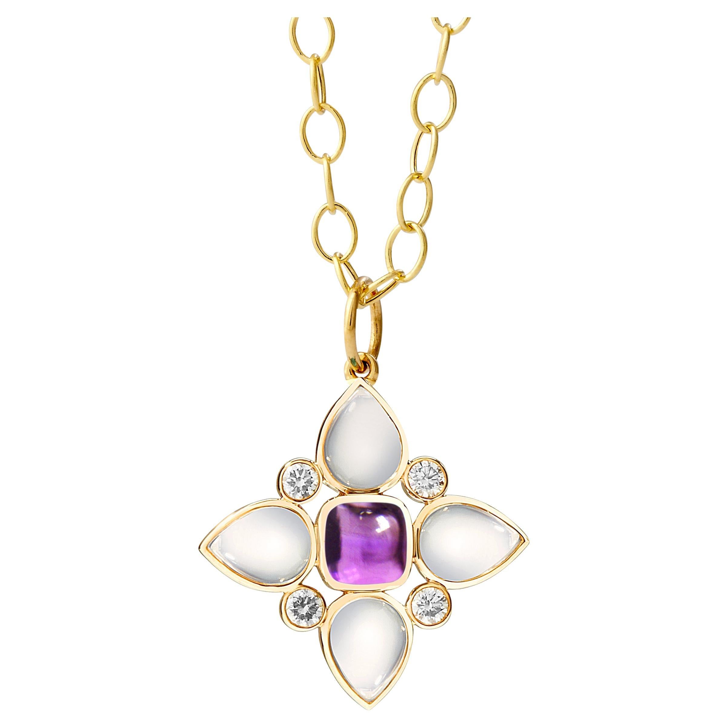 Syna Yellow Gold Amethyst and Moon Quartz Flower Pendant with Diamonds For Sale