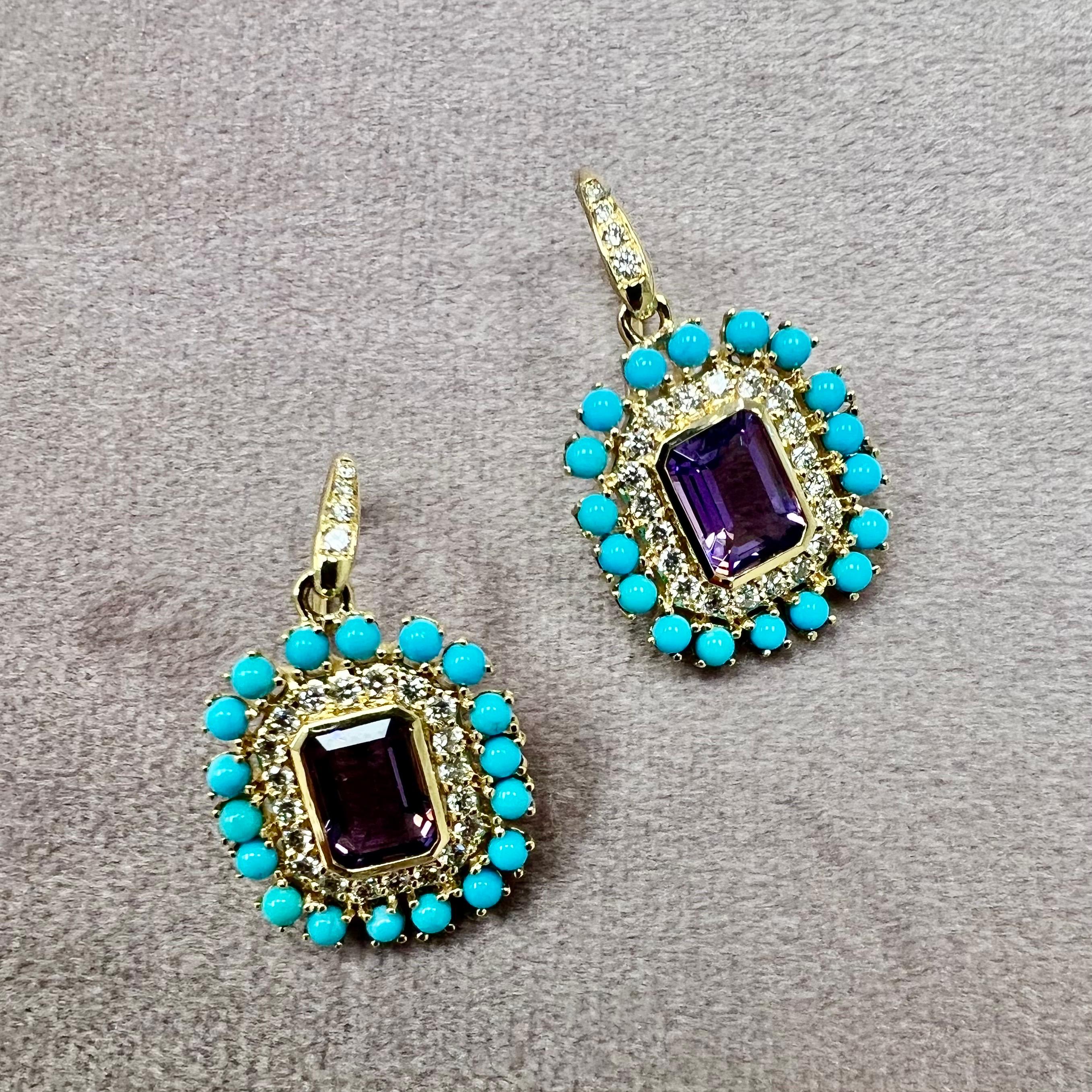 18 karat yellow gold
Amethyst 1.60 carats approx.
Sleeping Beauty Turquoise 1.80 carats approx.
Diamonds 0.40 carats approx.
French wire for pierced ears
Limited edition

About the Designers ~ Dharmesh & Namrata

Drawing inspiration from little