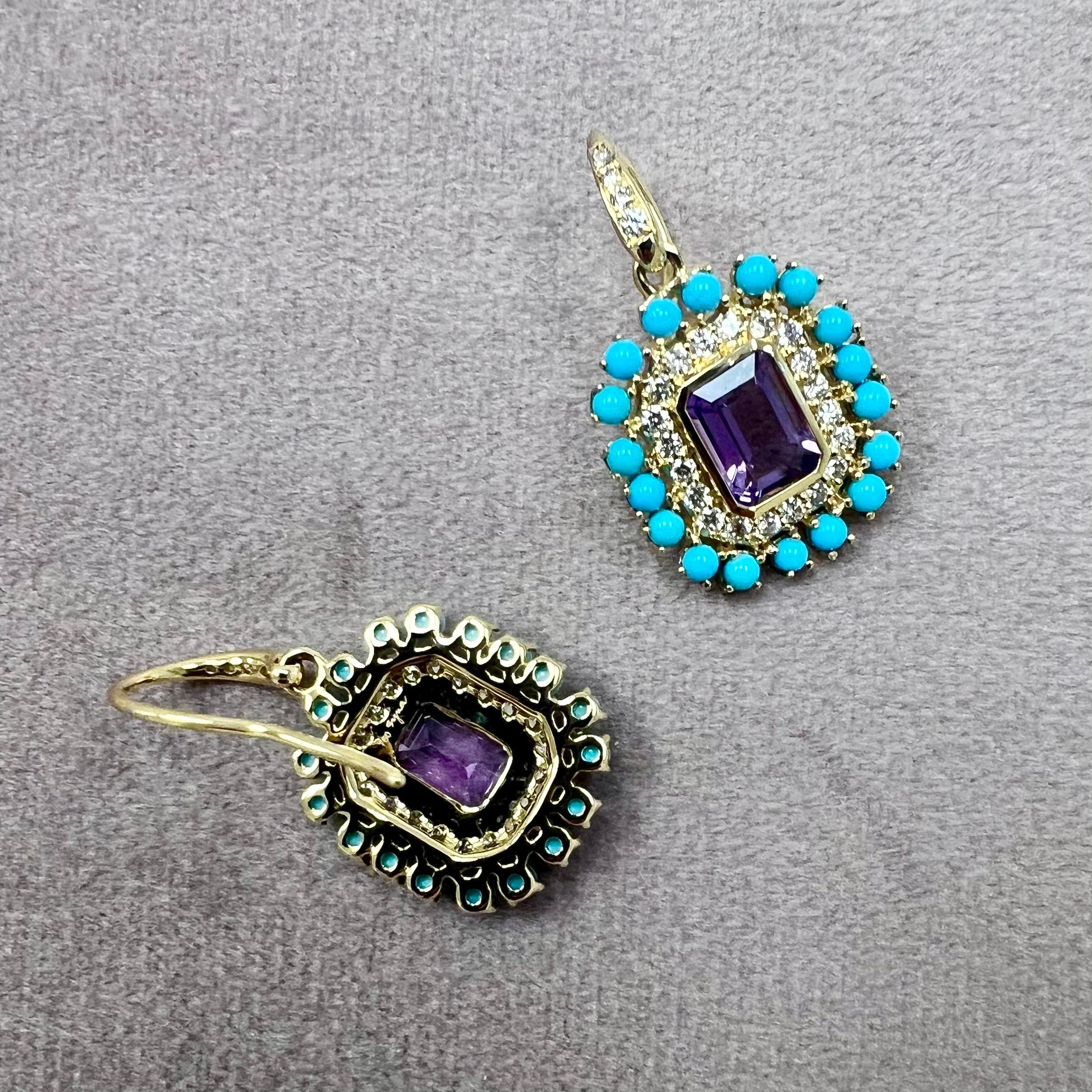 Contemporary Syna Yellow Gold Amethyst and Sleeping Beauty Turquoise Earrings with Diamonds For Sale