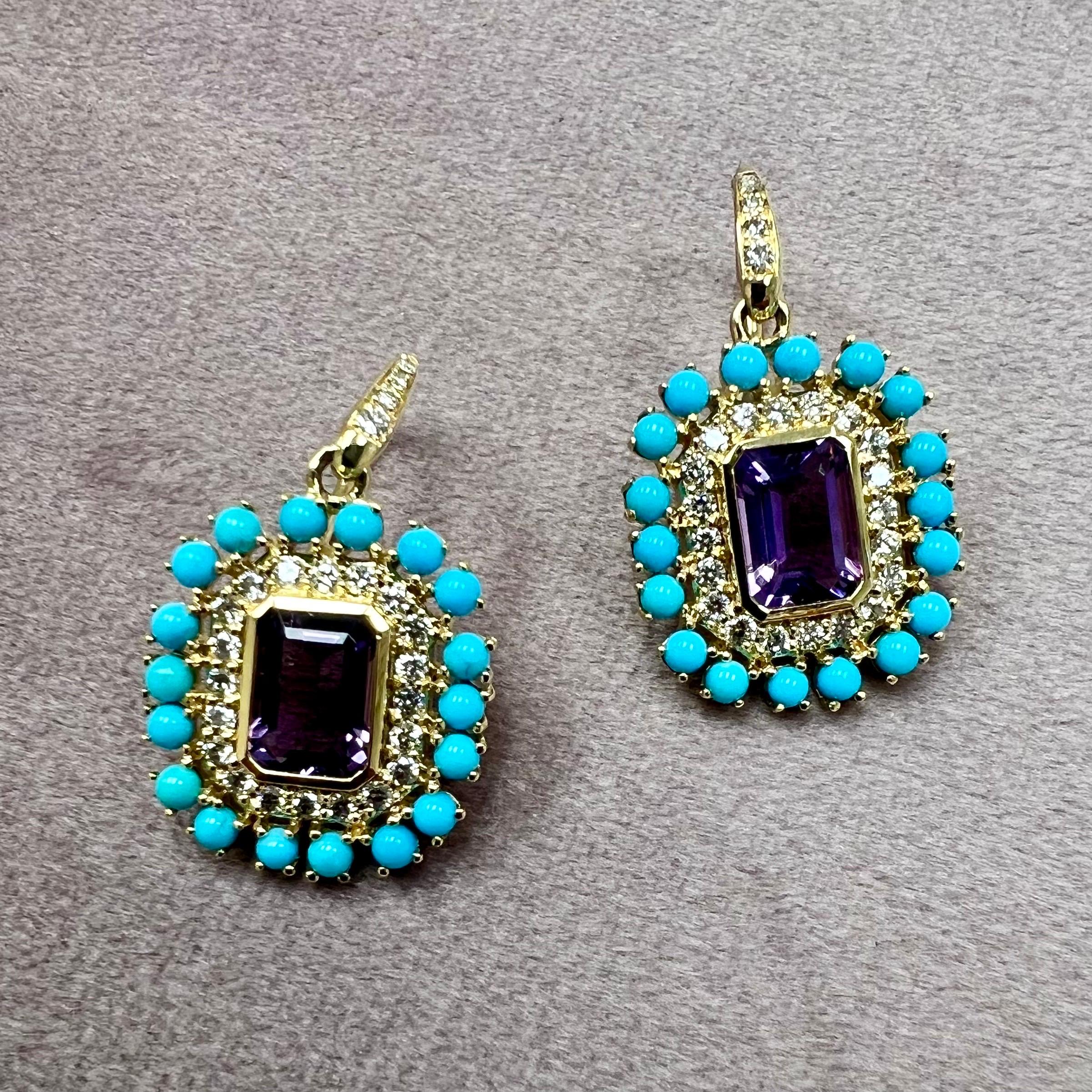 Mixed Cut Syna Yellow Gold Amethyst and Sleeping Beauty Turquoise Earrings with Diamonds For Sale