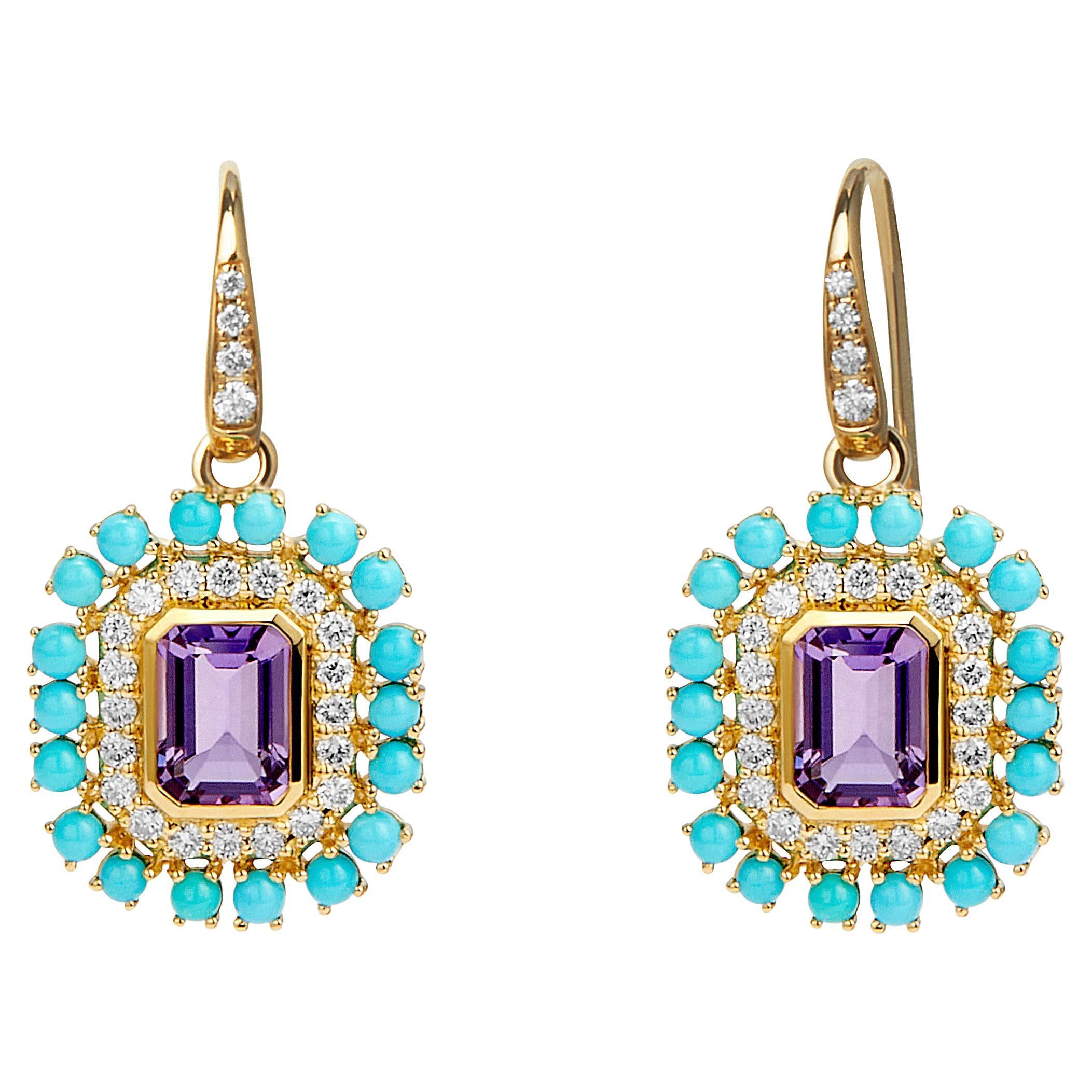 Syna Yellow Gold Amethyst and Sleeping Beauty Turquoise Earrings with Diamonds For Sale