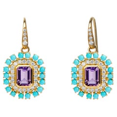 Syna Yellow Gold Amethyst and Sleeping Beauty Turquoise Earrings with Diamonds