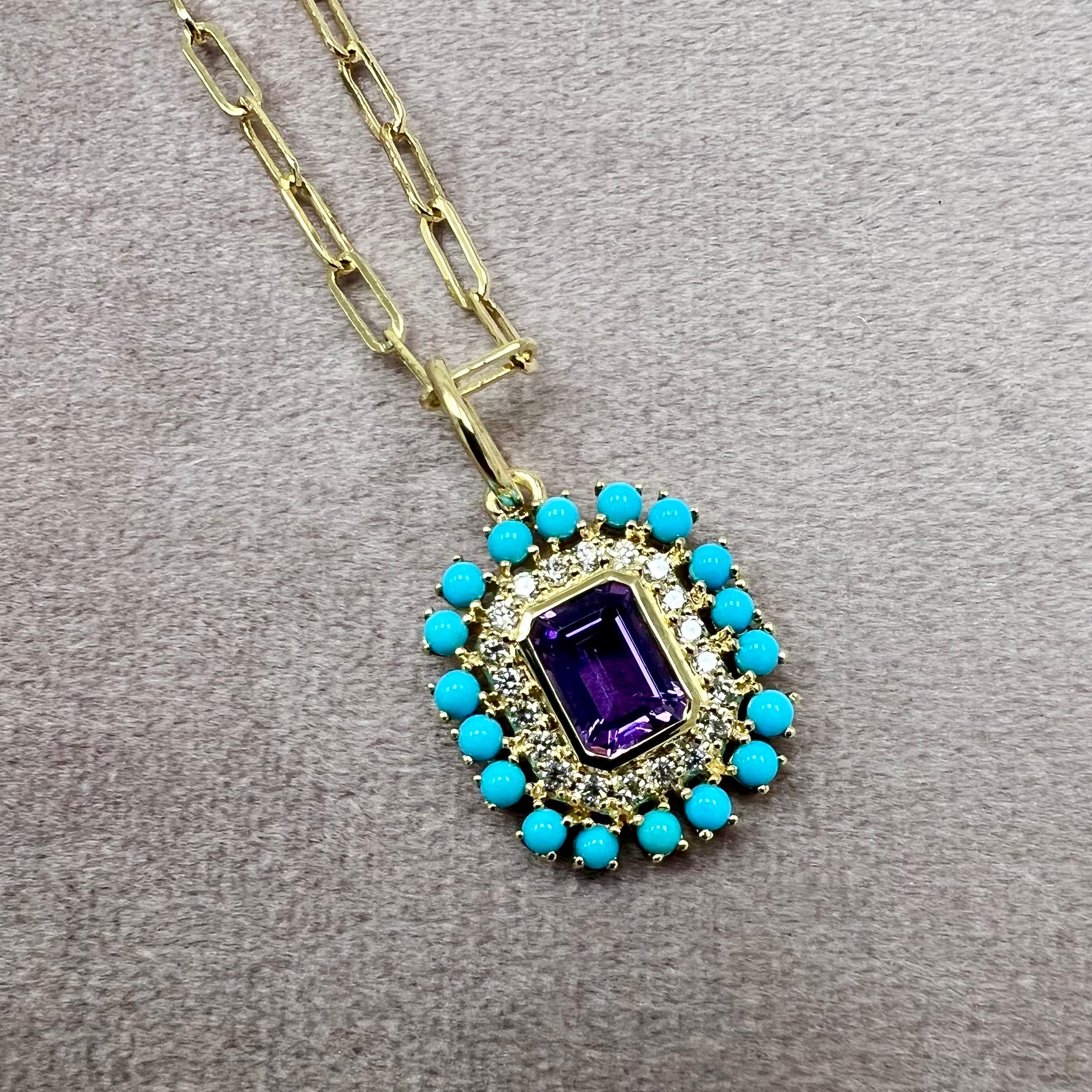 Created in 18 karat yellow gold
Amethyst 0.80 carat approx.
Sleeping Beauty Turquoise 0.90 carat approx.
Diamonds 0.20 carat approx.
Chain sold separately


 About the Designers ~ Dharmesh & Namrata

Drawing inspiration from little things, Dharmesh