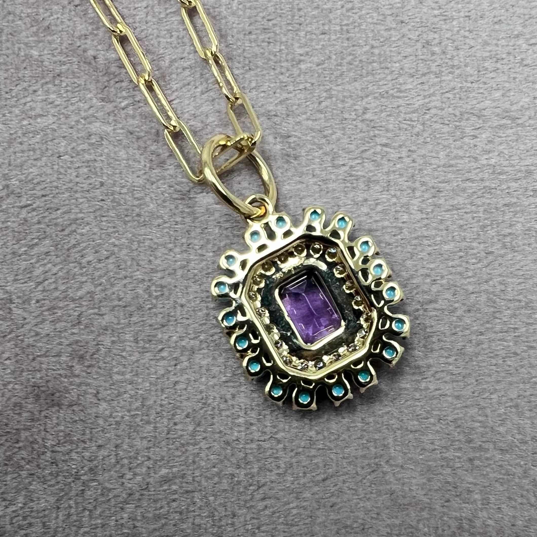 Contemporary Syna Yellow Gold Amethyst and Sleeping Beauty Turquoise Pendant with Diamonds For Sale