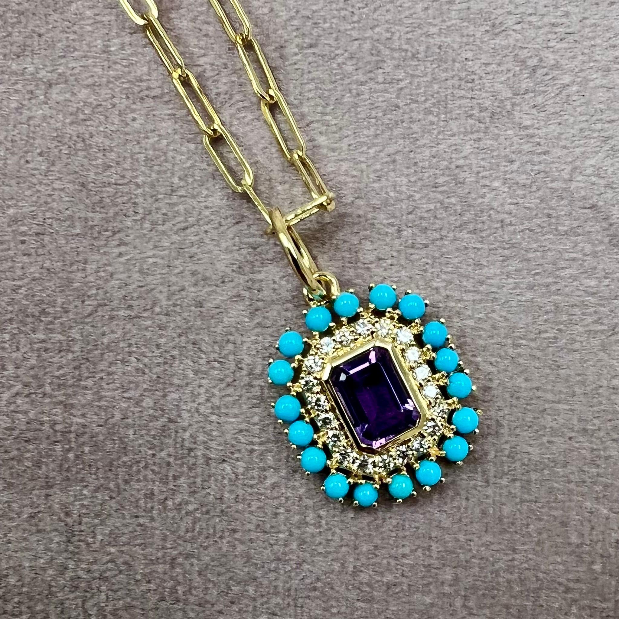 Mixed Cut Syna Yellow Gold Amethyst and Sleeping Beauty Turquoise Pendant with Diamonds For Sale
