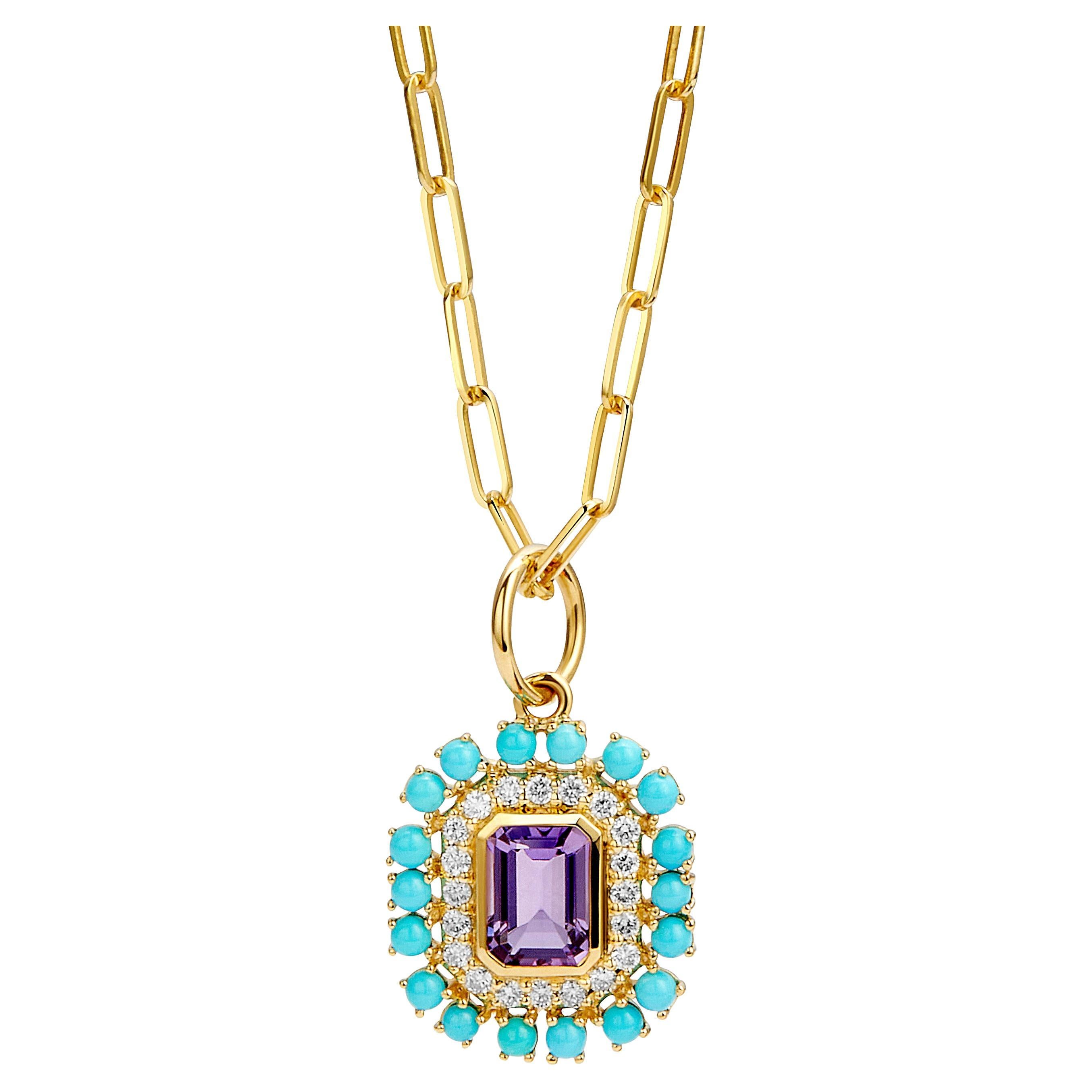 Syna Yellow Gold Amethyst and Sleeping Beauty Turquoise Pendant with Diamonds