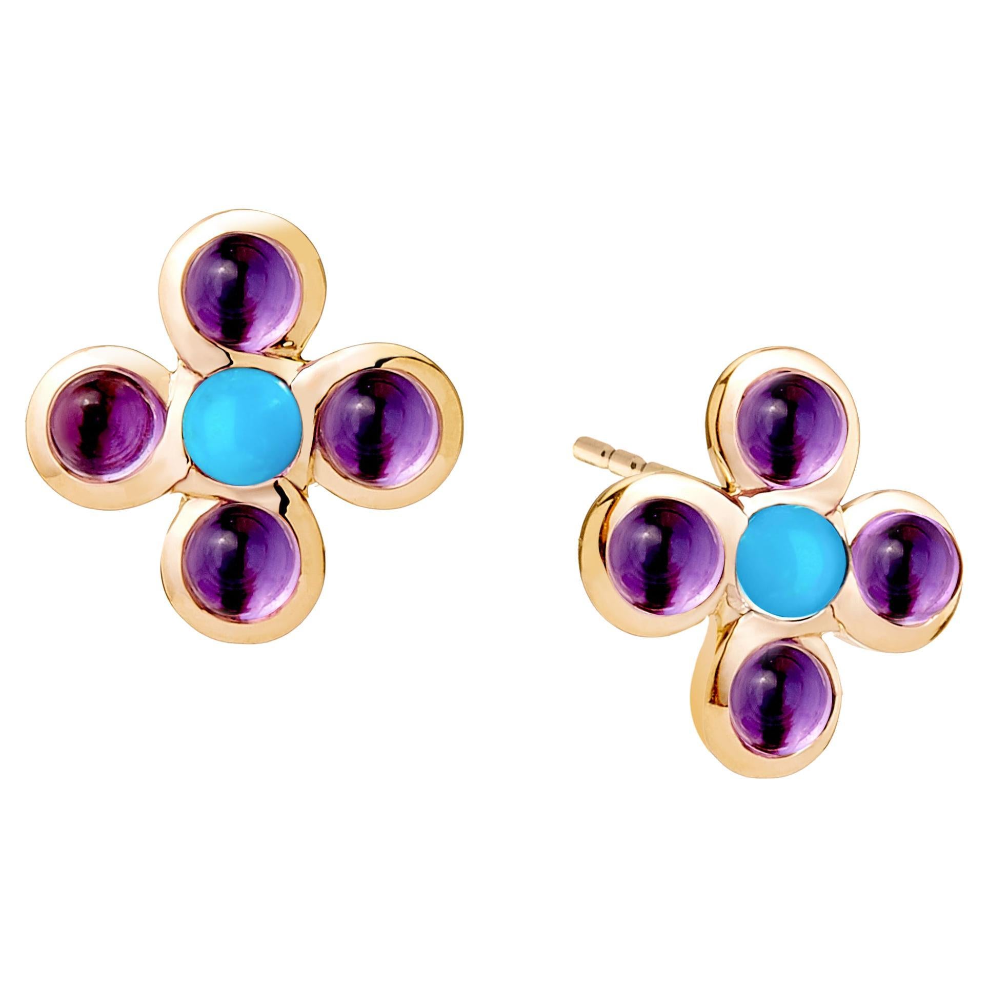 Syna Yellow Gold Amethyst and Turquoise Earrings For Sale