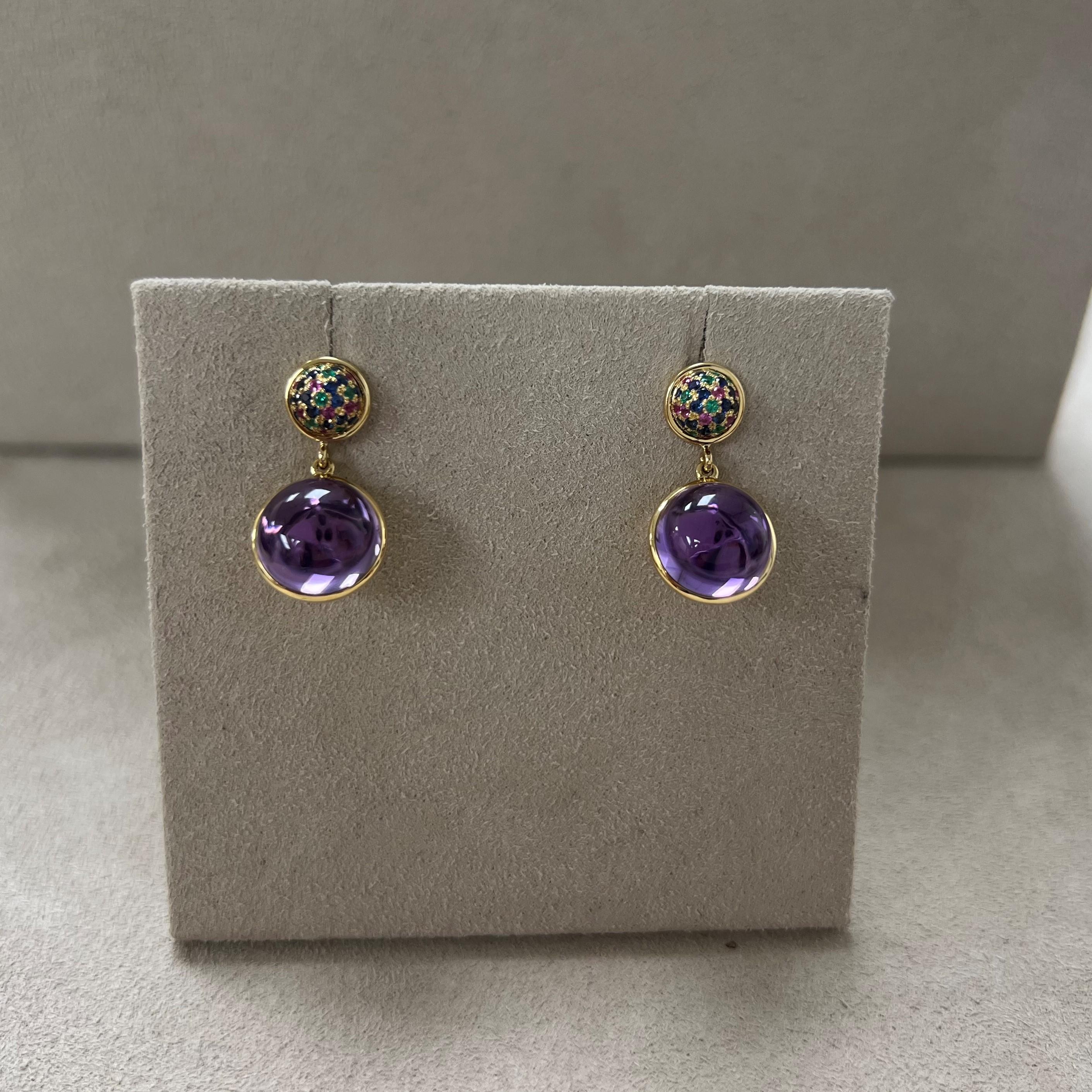 Contemporary Syna Yellow Gold Amethyst Baubles Earrings with Emeralds, Rubies and Sapphires For Sale