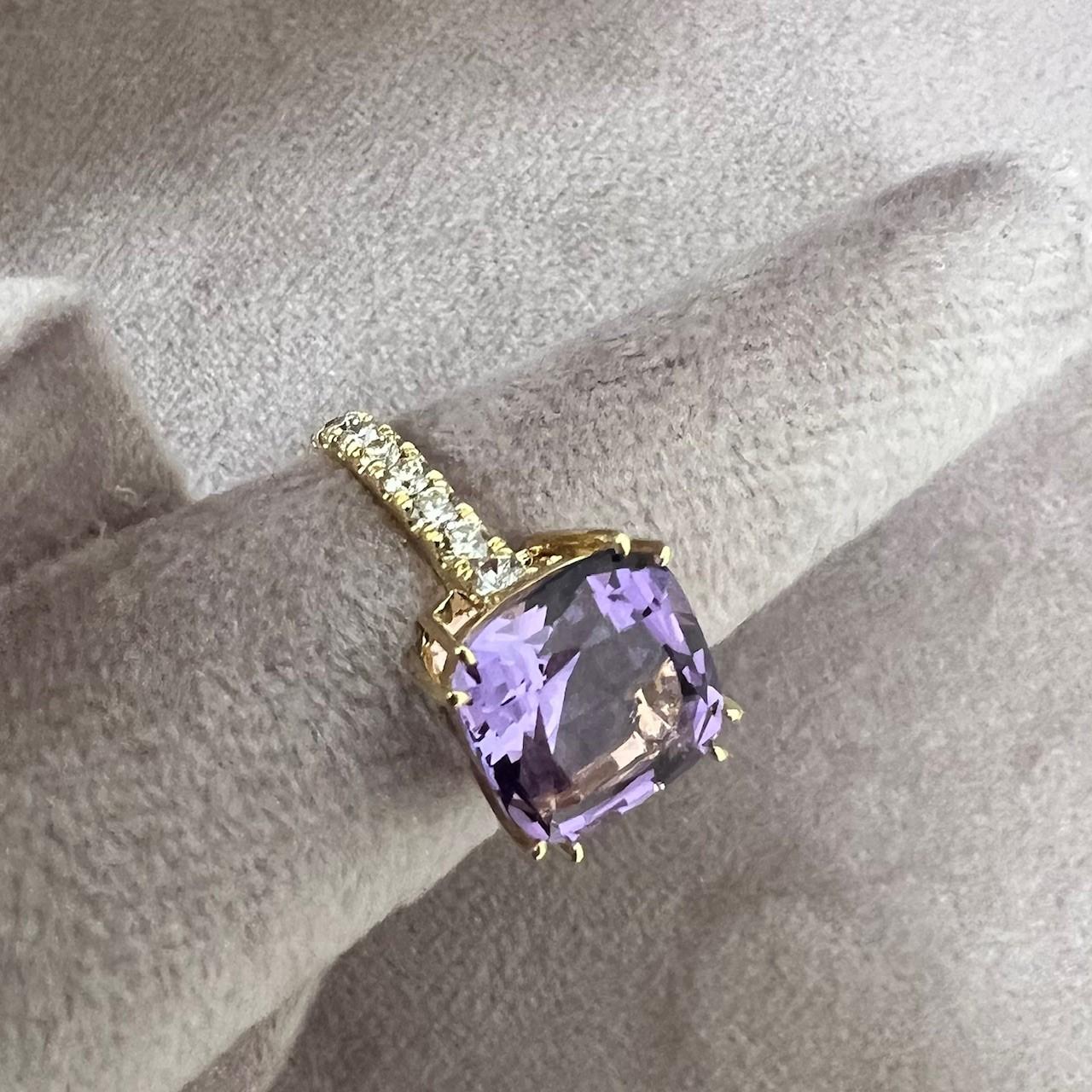 Mixed Cut Syna Yellow Gold Amethyst Cushion Ring with Diamonds For Sale