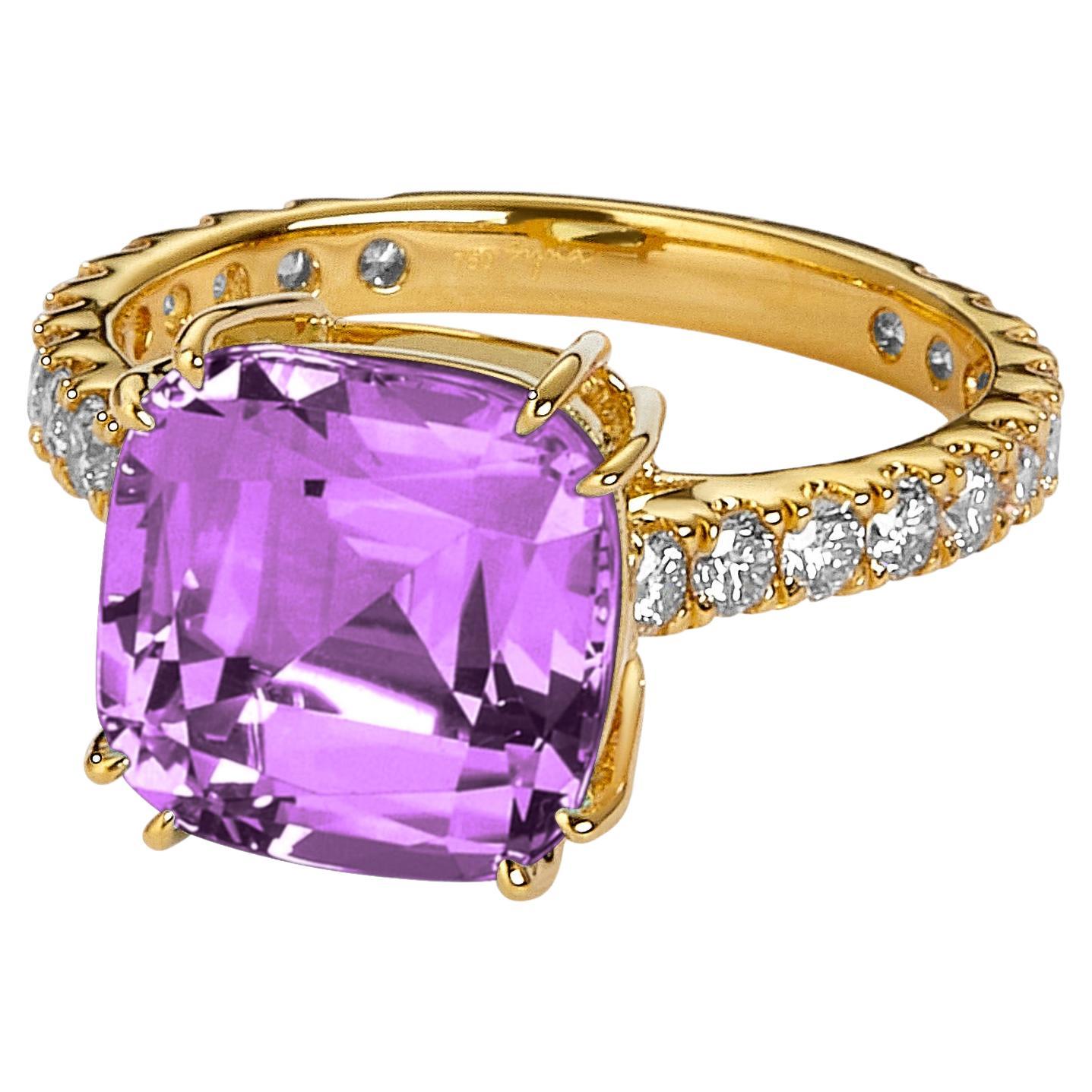 Syna Yellow Gold Amethyst Cushion Ring with Diamonds For Sale