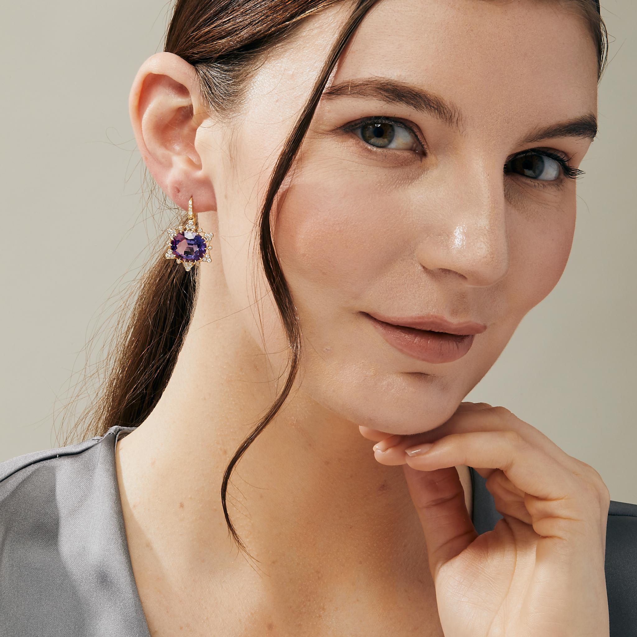 Created in 18 karat yellow gold
Amethyst 13 carats approx.
Diamonds 0.60 carat approx.
French wire for pierced ears

These exclusive Cosmic Gemstone Dangle Earrings are the perfect statement piece for any occasion. Adorned with an impressive 13