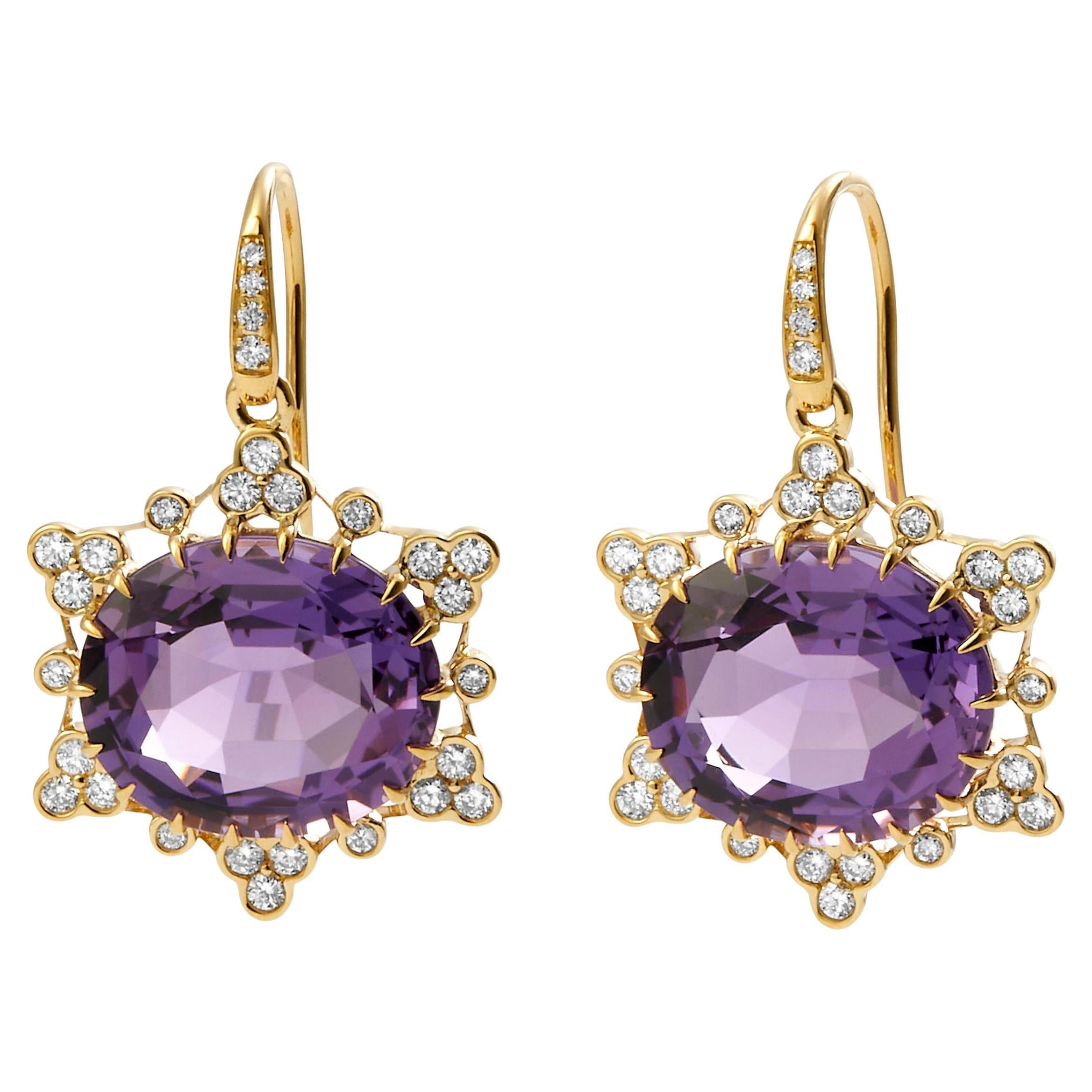 Syna Yellow Gold Amethyst Earrings with Diamonds For Sale
