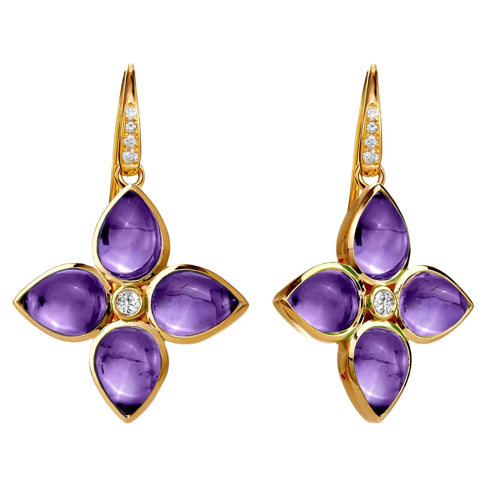 Boucles d'oreilles fleur d'améthyste en or jaune avec diamants en vente