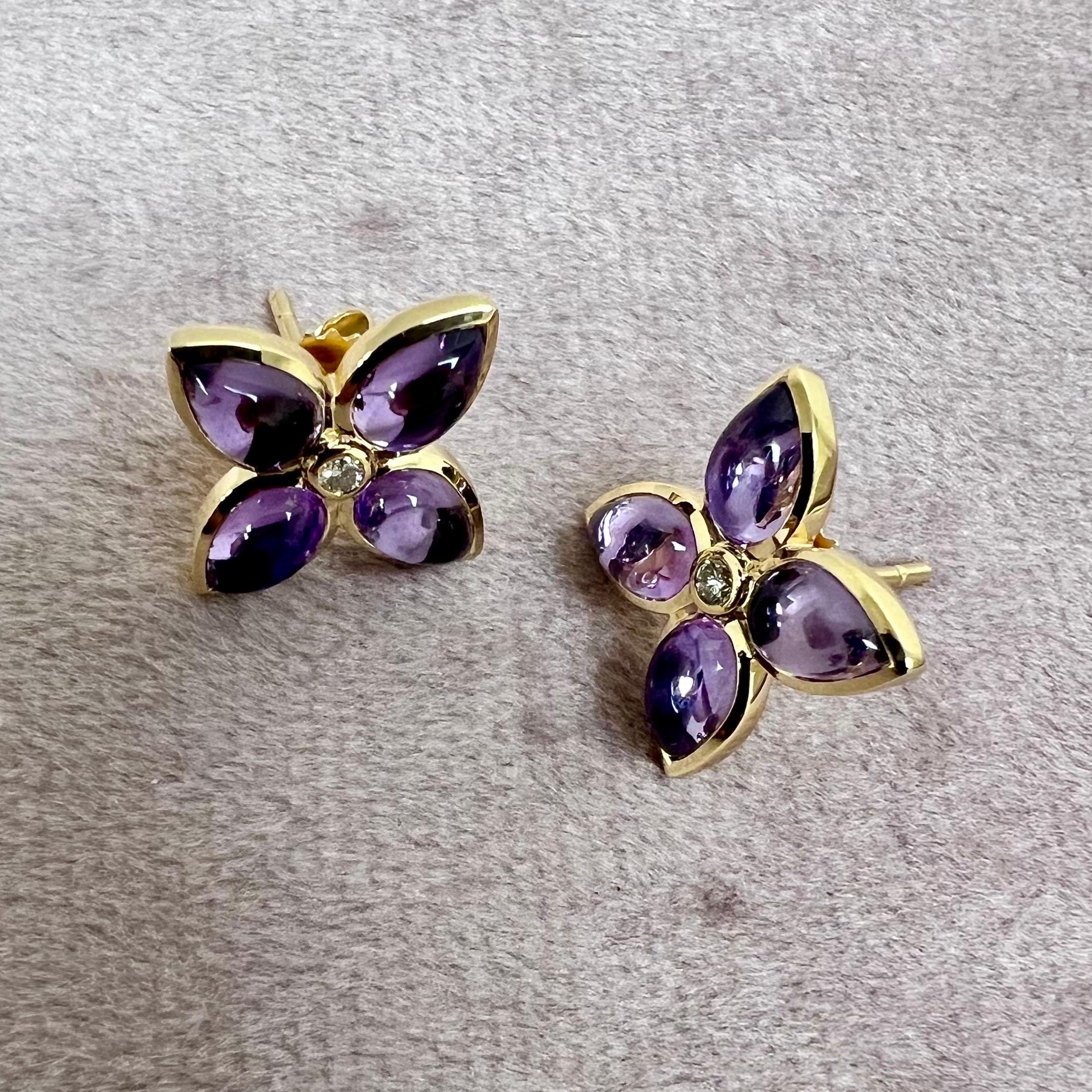 Contemporary Syna Yellow Gold Amethyst Flower Studs with Diamonds